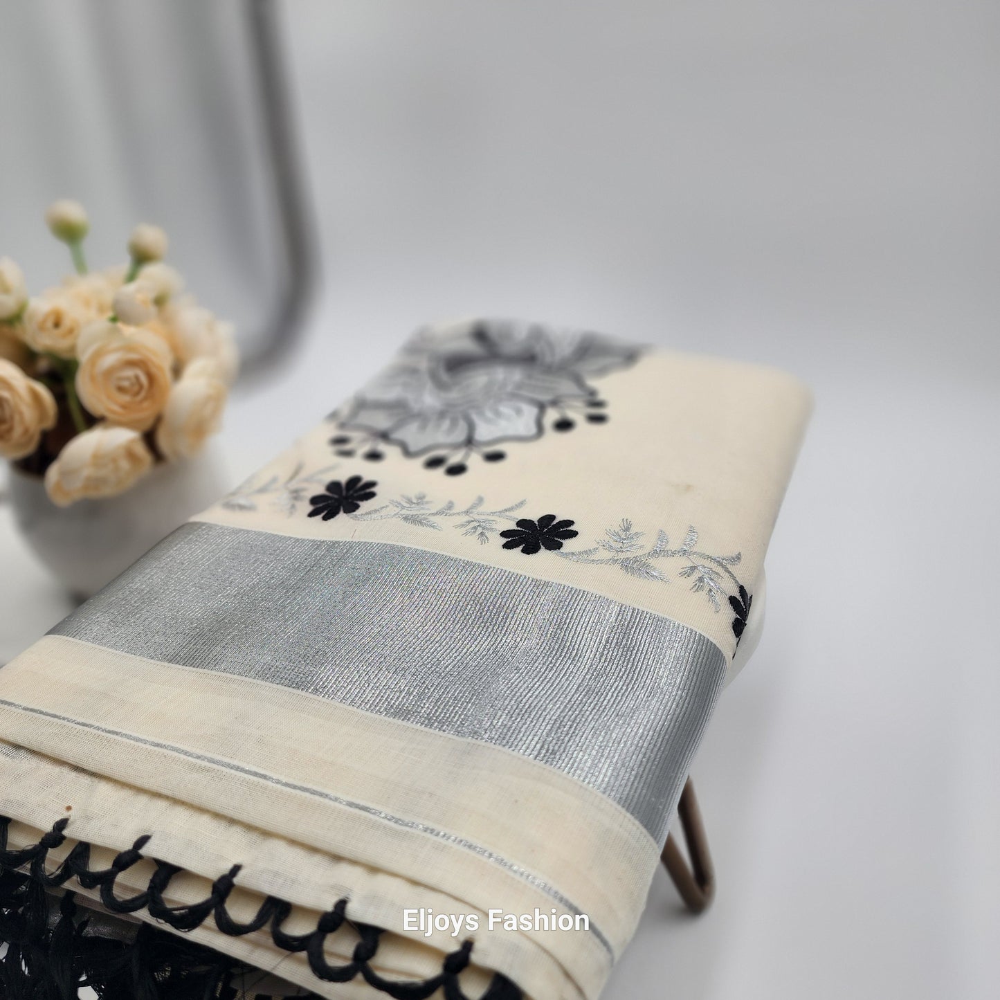 Tissue Silk South Indian Saree - Peacock floral design in Silver and black - Eljoys Fashion 