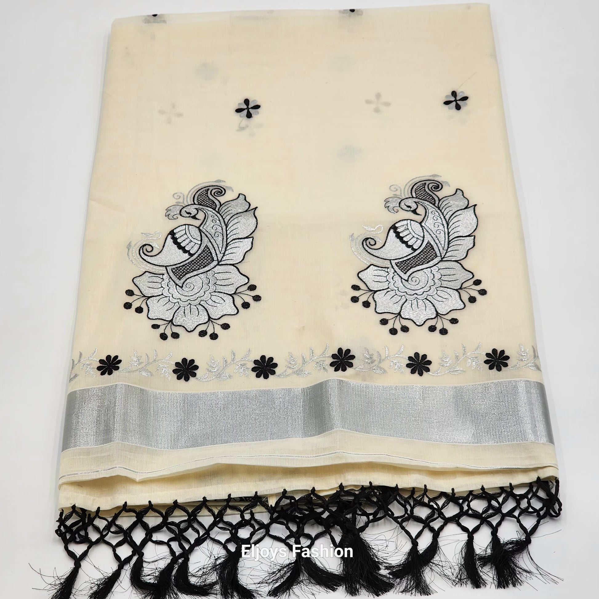 Tissue Silk South Indian Saree - Peacock floral design in Silver and black - Eljoys Fashion 