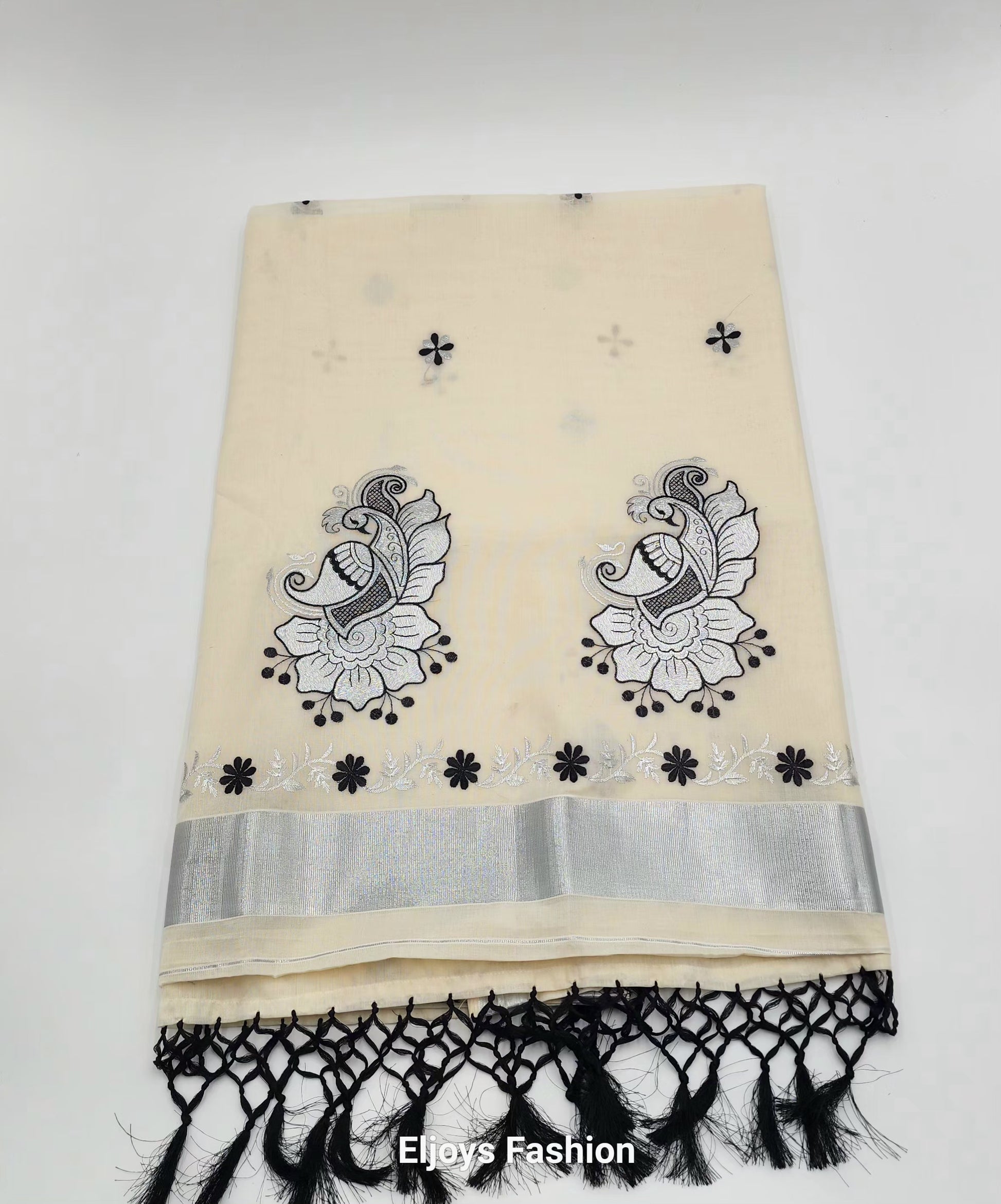 Tissue Silk South Indian Saree - Peacock floral design in Silver and black - Eljoys Fashion 