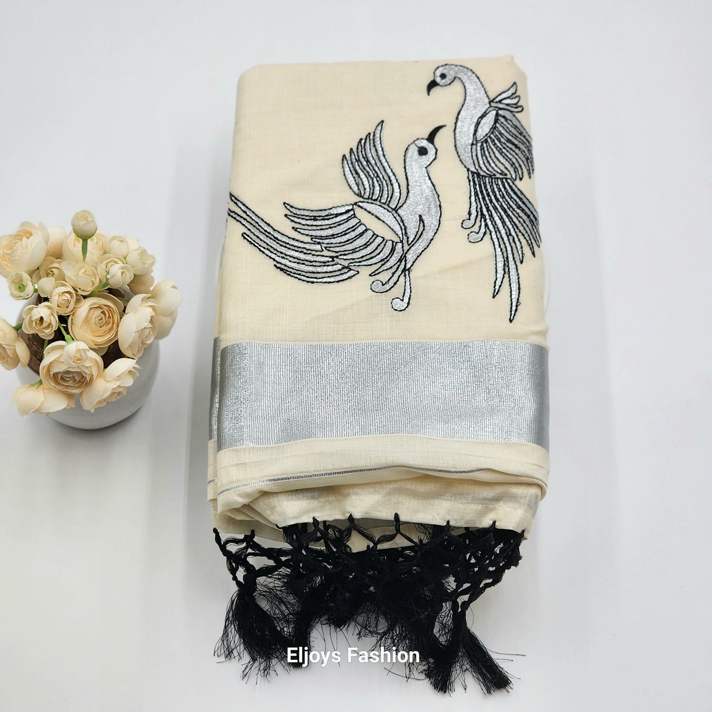 Tissue Silk South Indian Saree - birds design silver and black combo