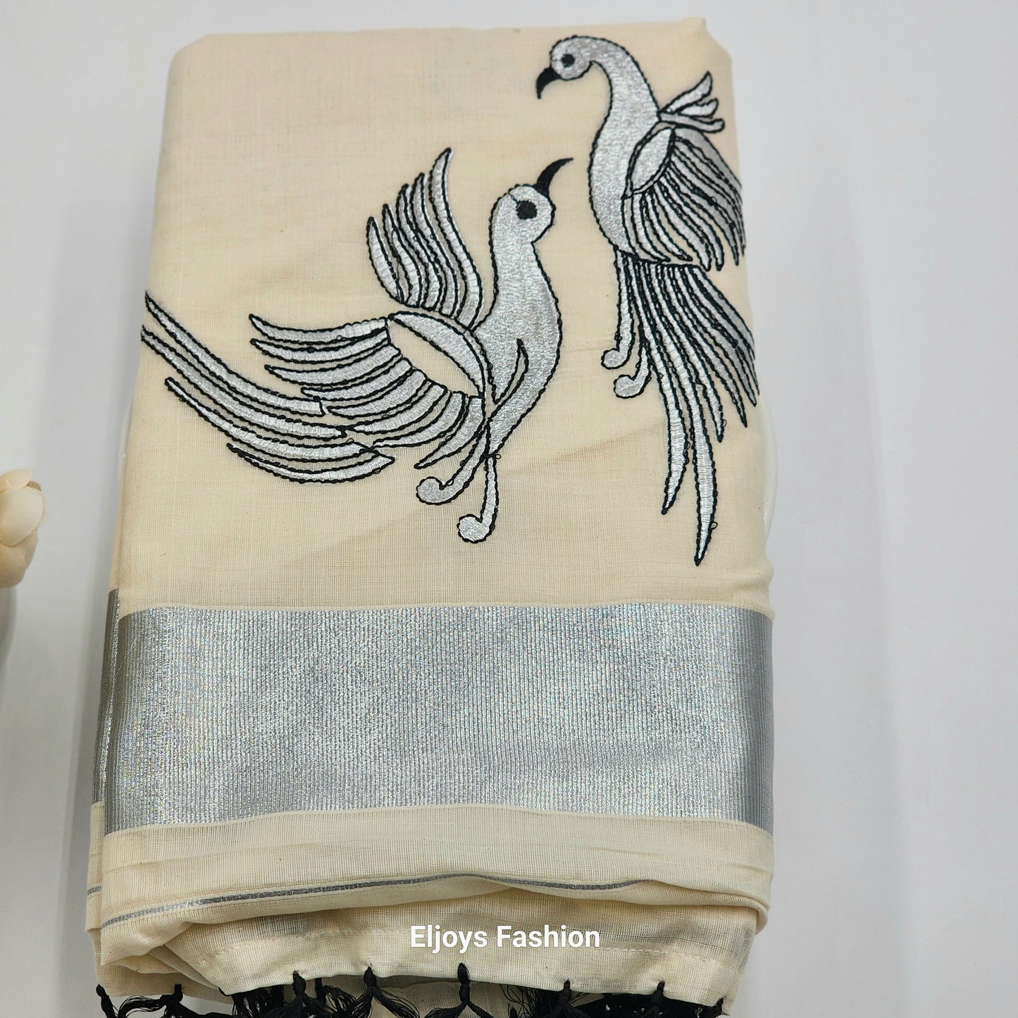 Tissue Silk South Indian Saree - birds design silver and black combo