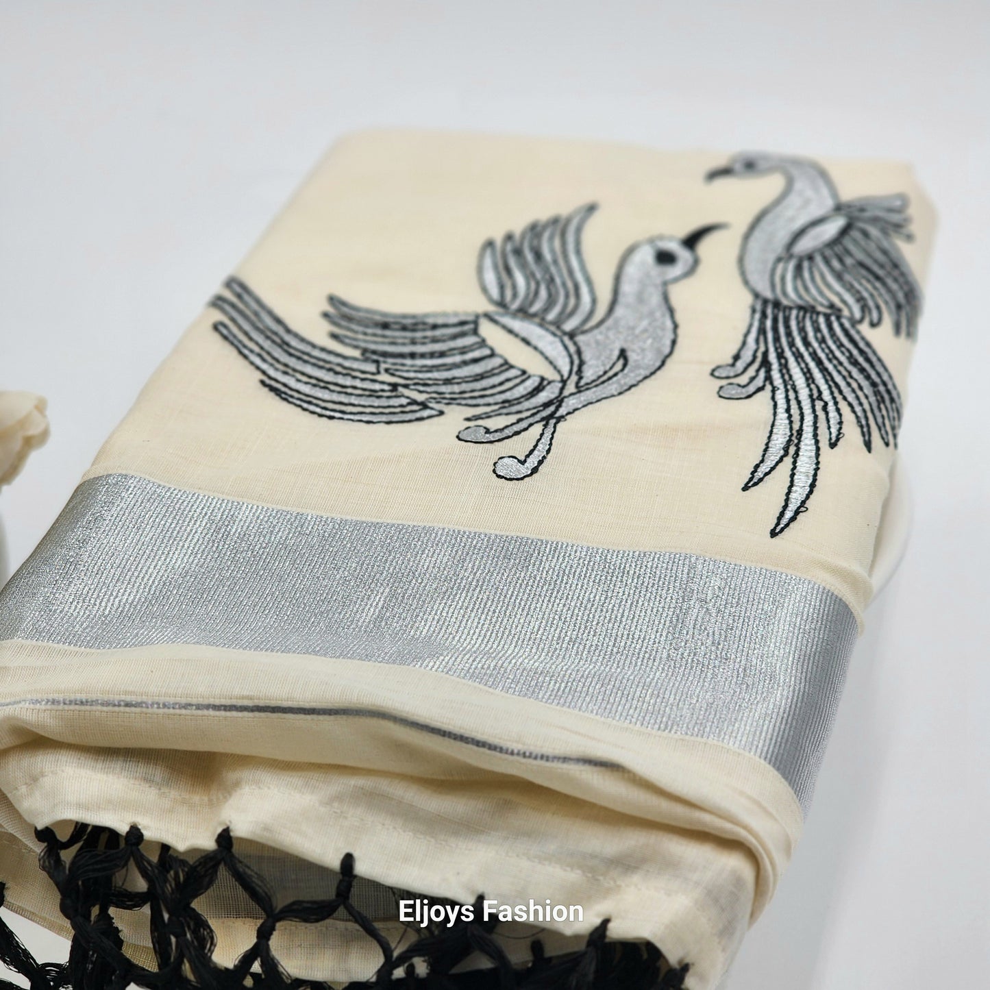 Tissue Silk South Indian Saree - birds design silver and black combo