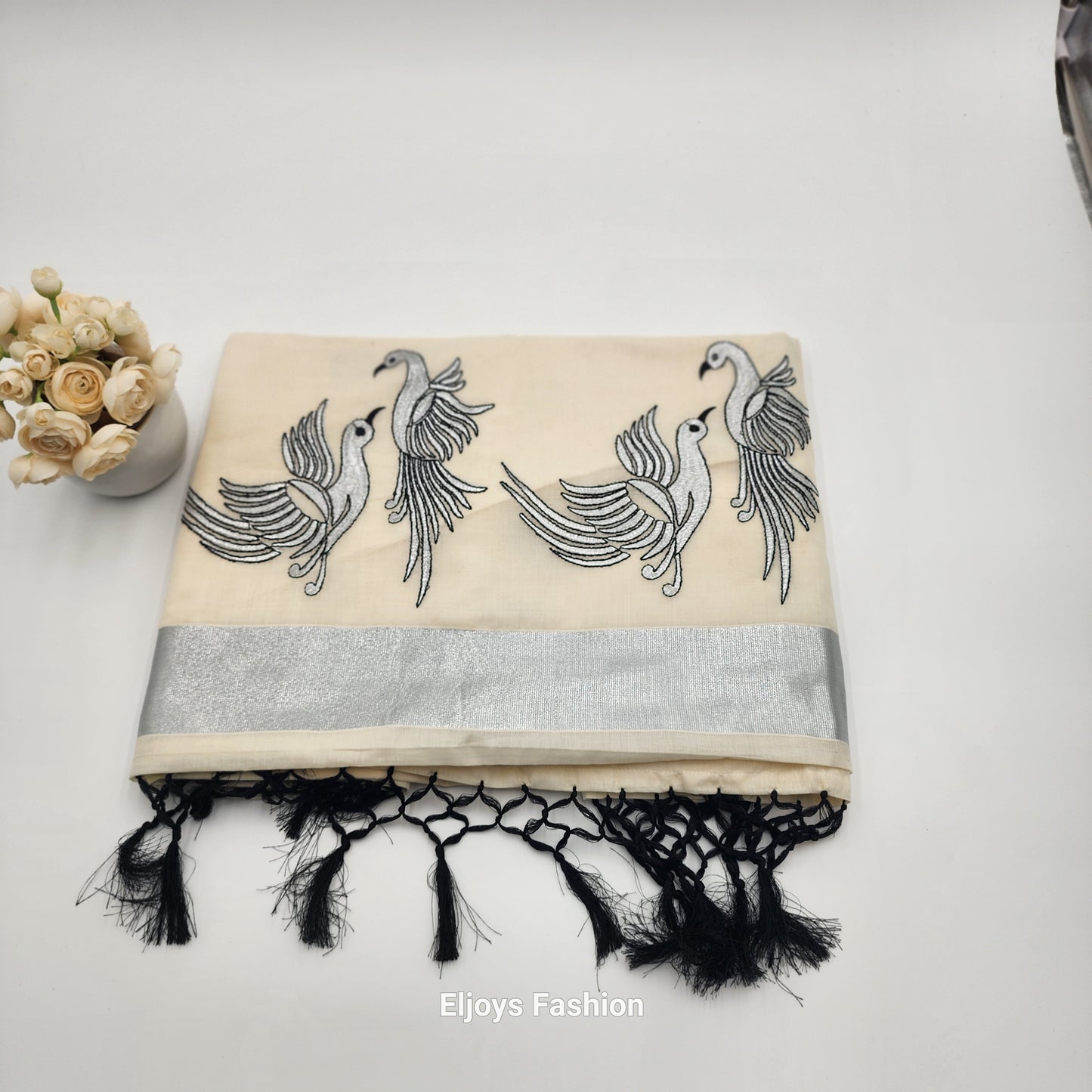Tissue Silk South Indian Saree - birds design silver and black combo