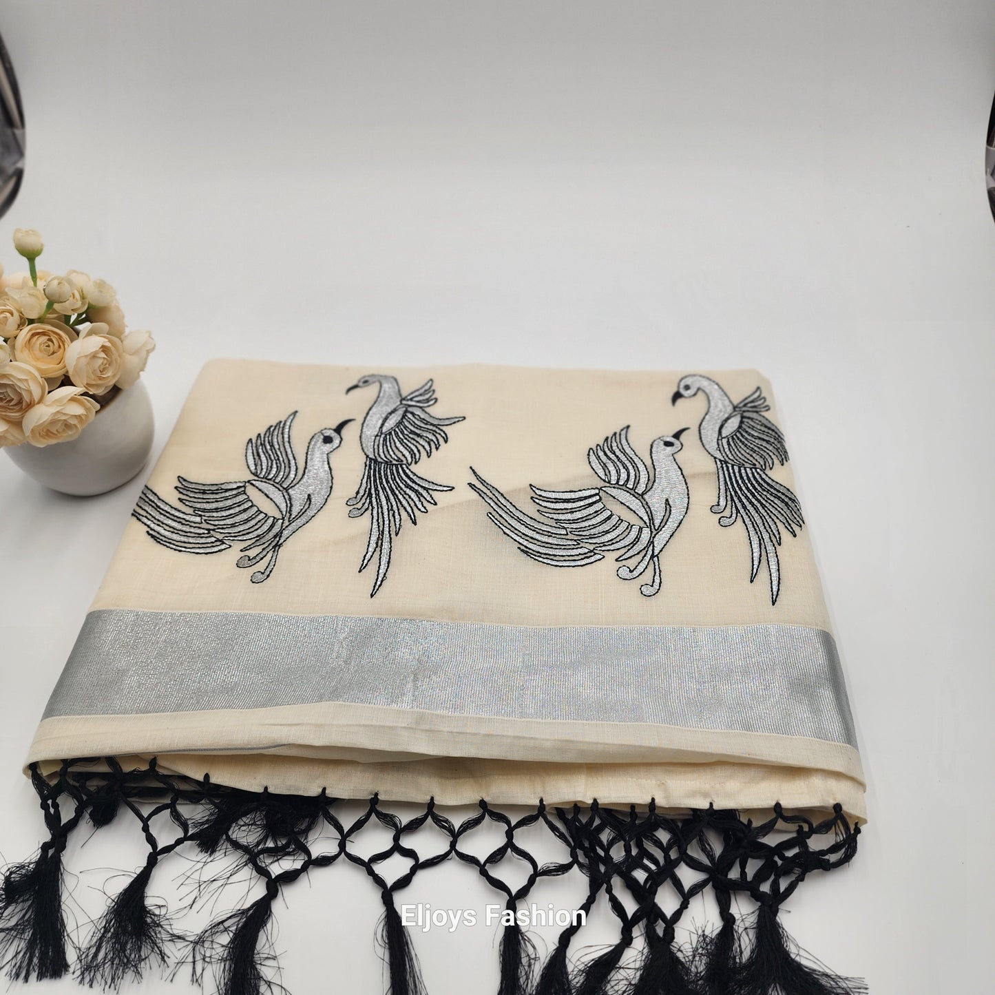 Tissue Silk South Indian Saree - birds design silver and black combo