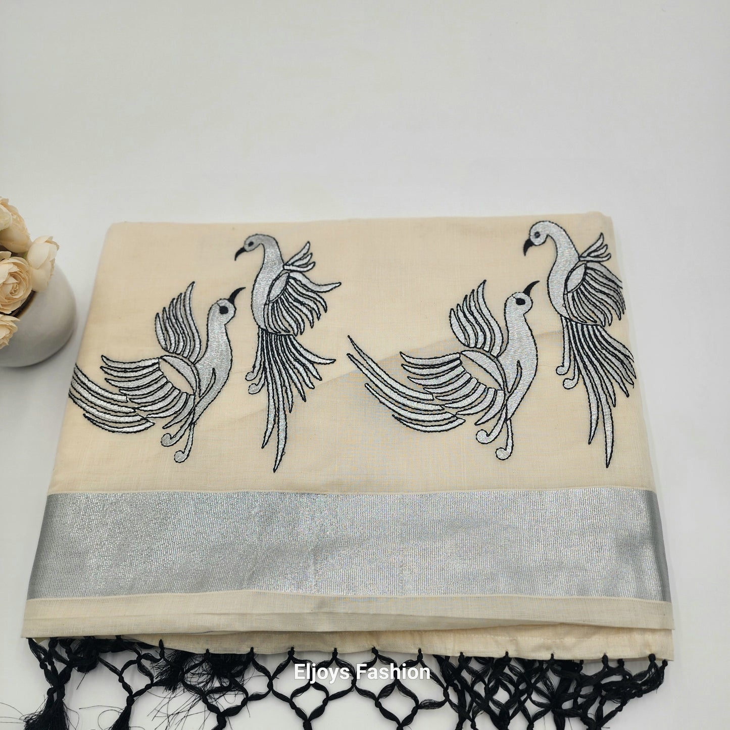 Tissue Silk South Indian Saree - birds design silver and black combo