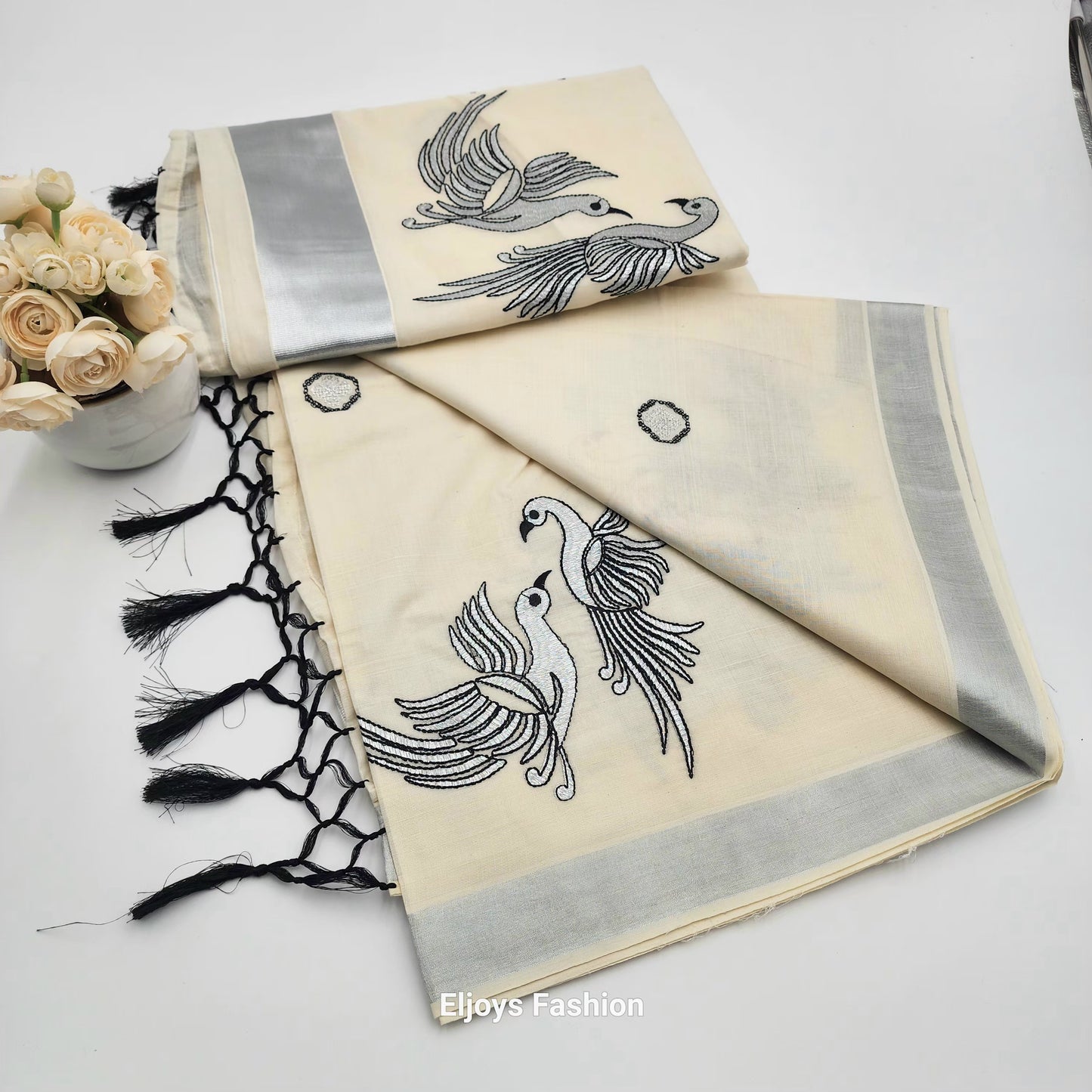 Tissue Silk South Indian Saree - birds design silver and black combo