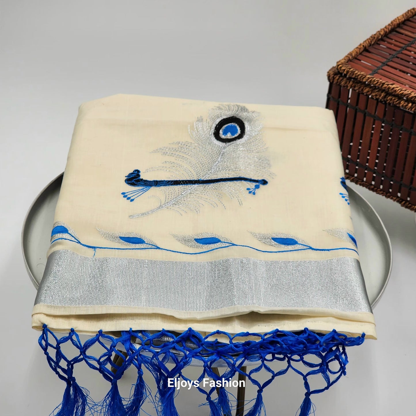 Tissue silk saree Silver and blue  coverts design with blue silver floral borders