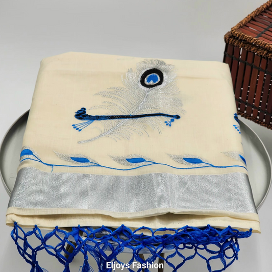 Tissue silk saree Silver and blue coverts design with blue silver floral borders Eljoys Fashion