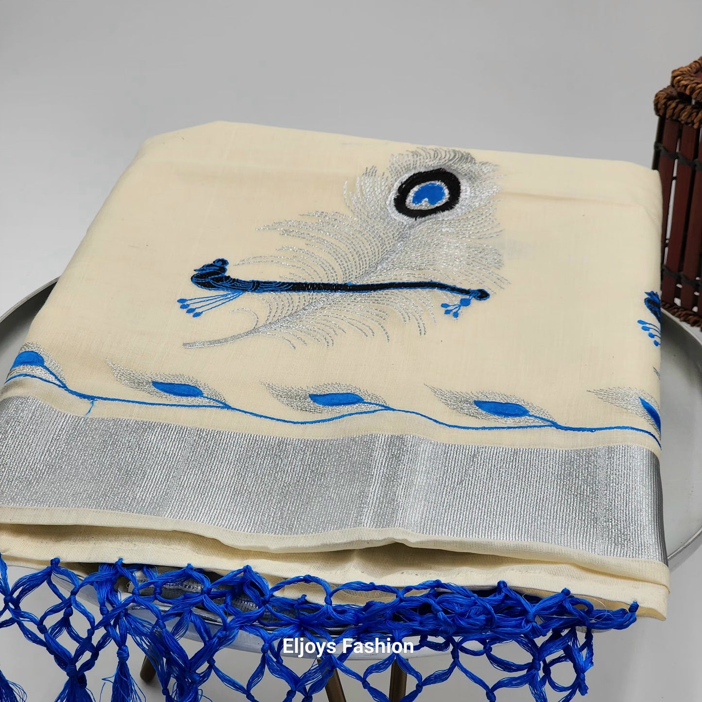 Tissue silk saree Silver and blue  coverts design with blue silver floral borders