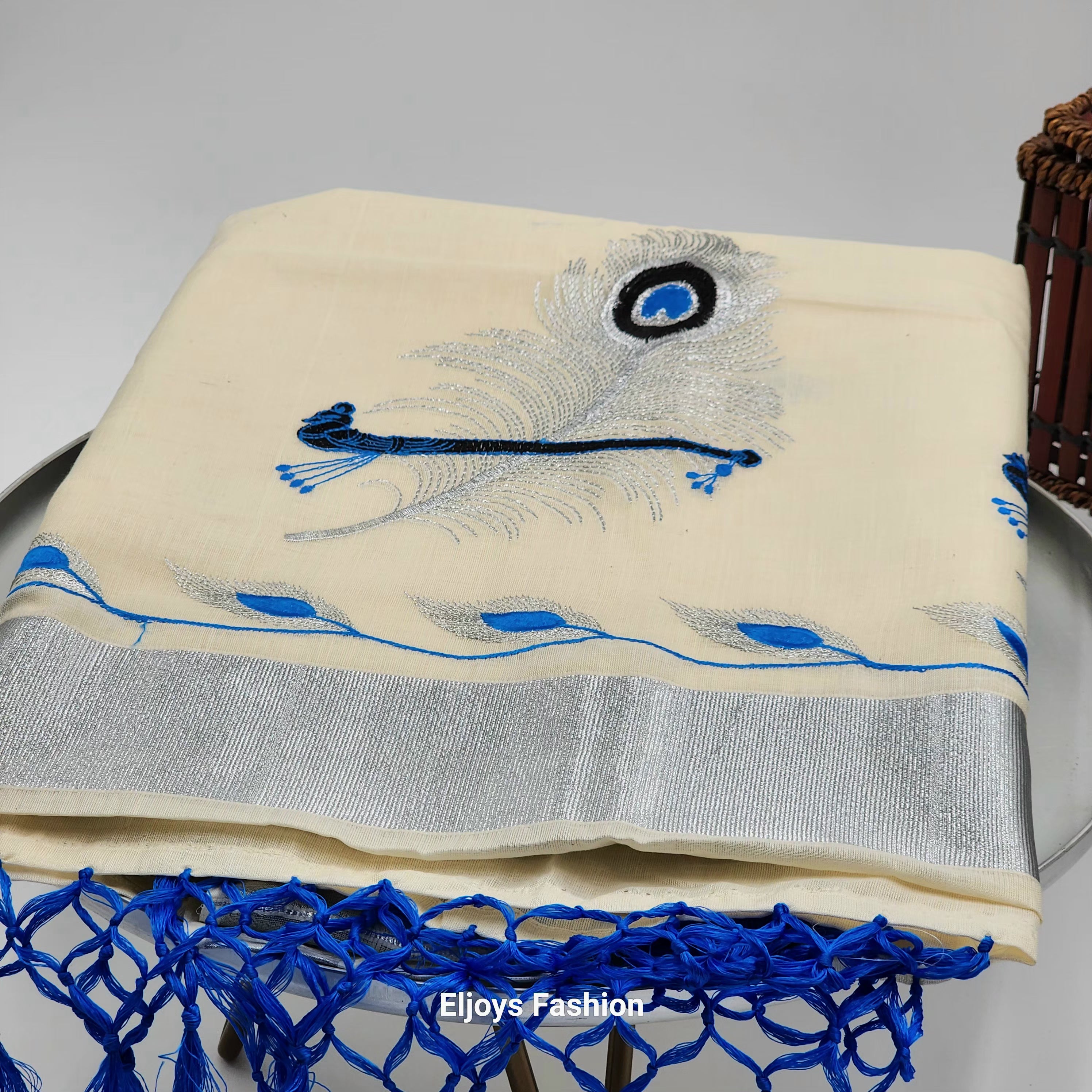 Tissue silk saree Silver and blue coverts design with blue silver floral borders Eljoys Fashion
