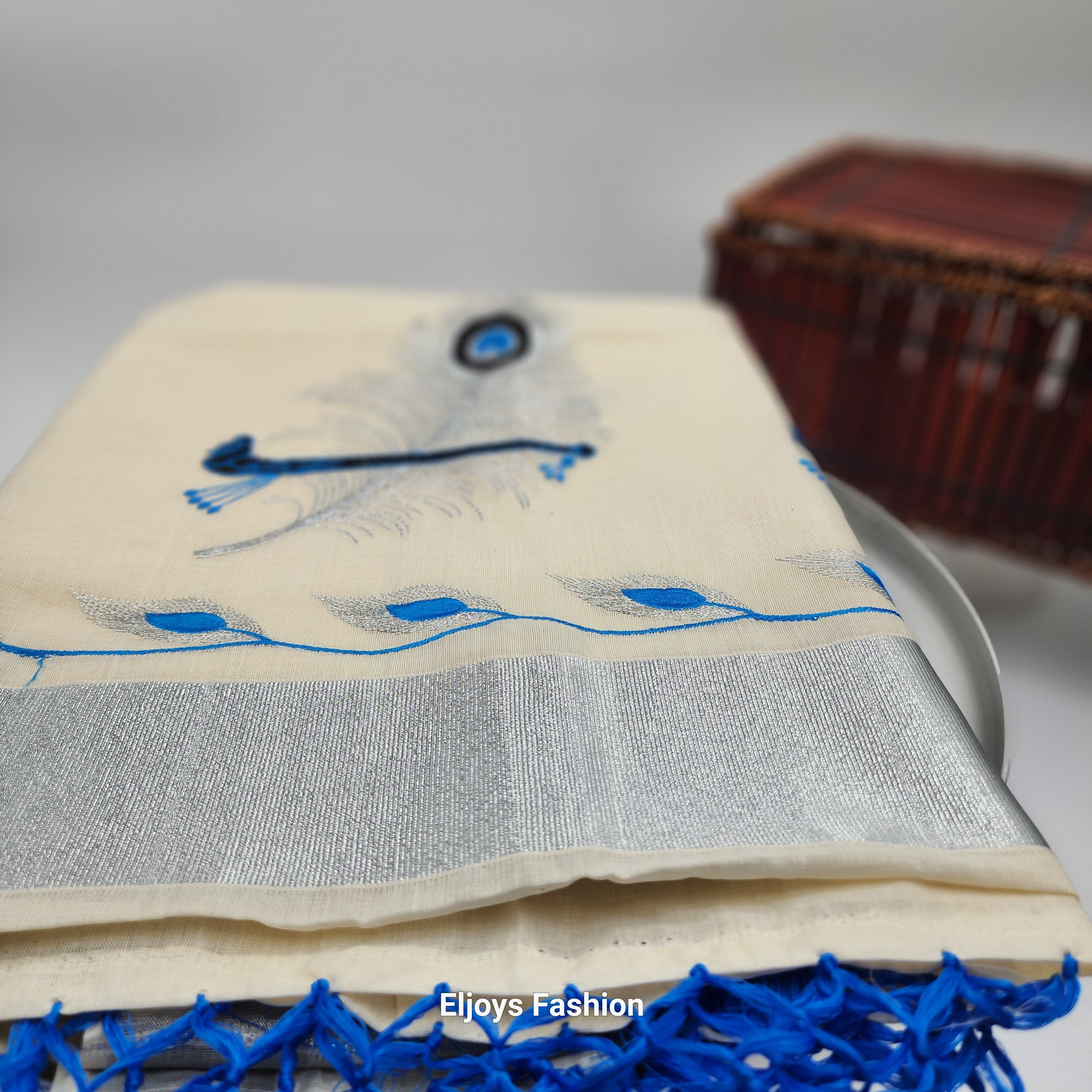 Tissue silk saree Silver and blue coverts design with blue silver floral borders Eljoys Fashion