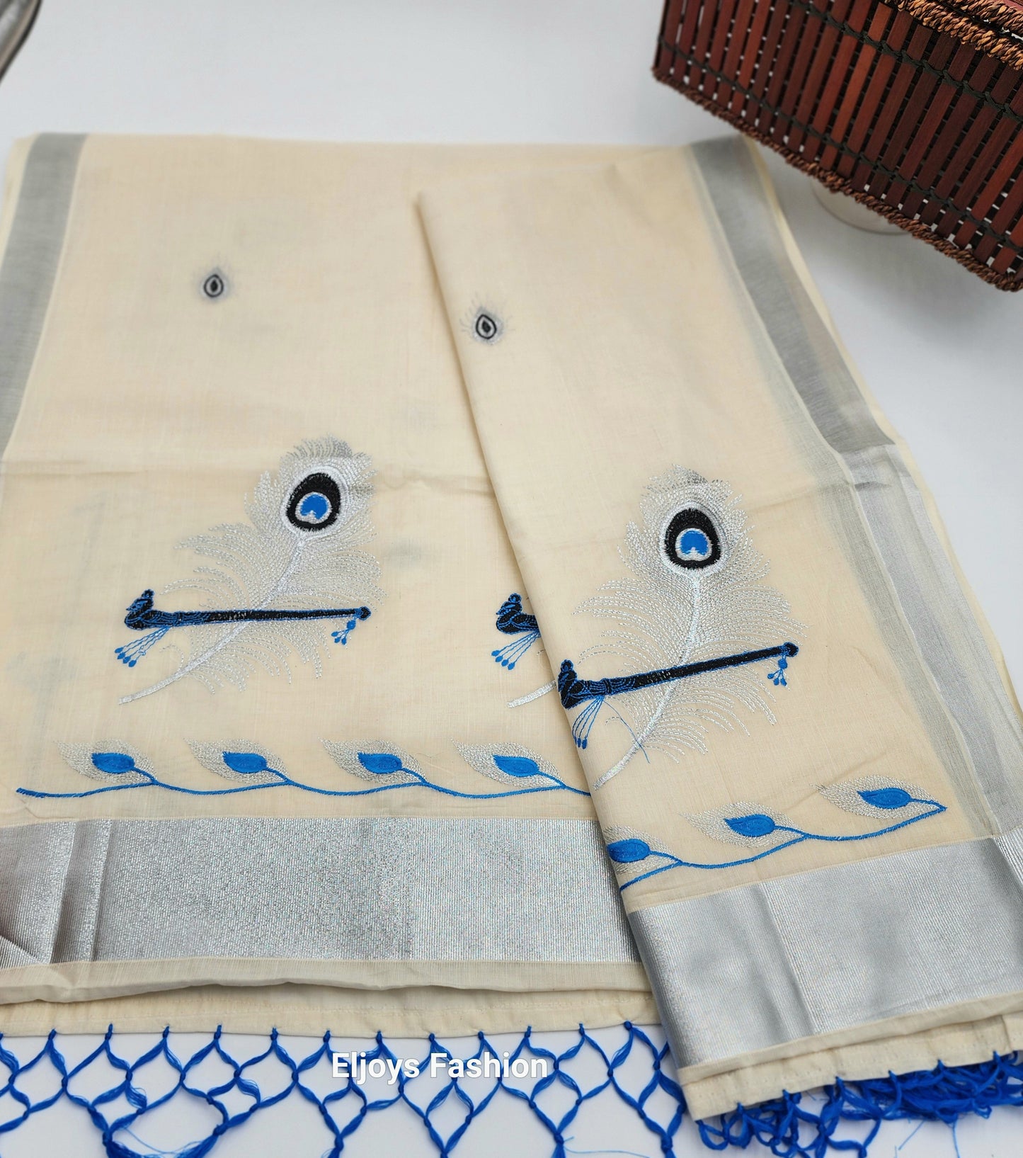 Tissue silk saree Silver and blue  coverts design with blue silver floral borders