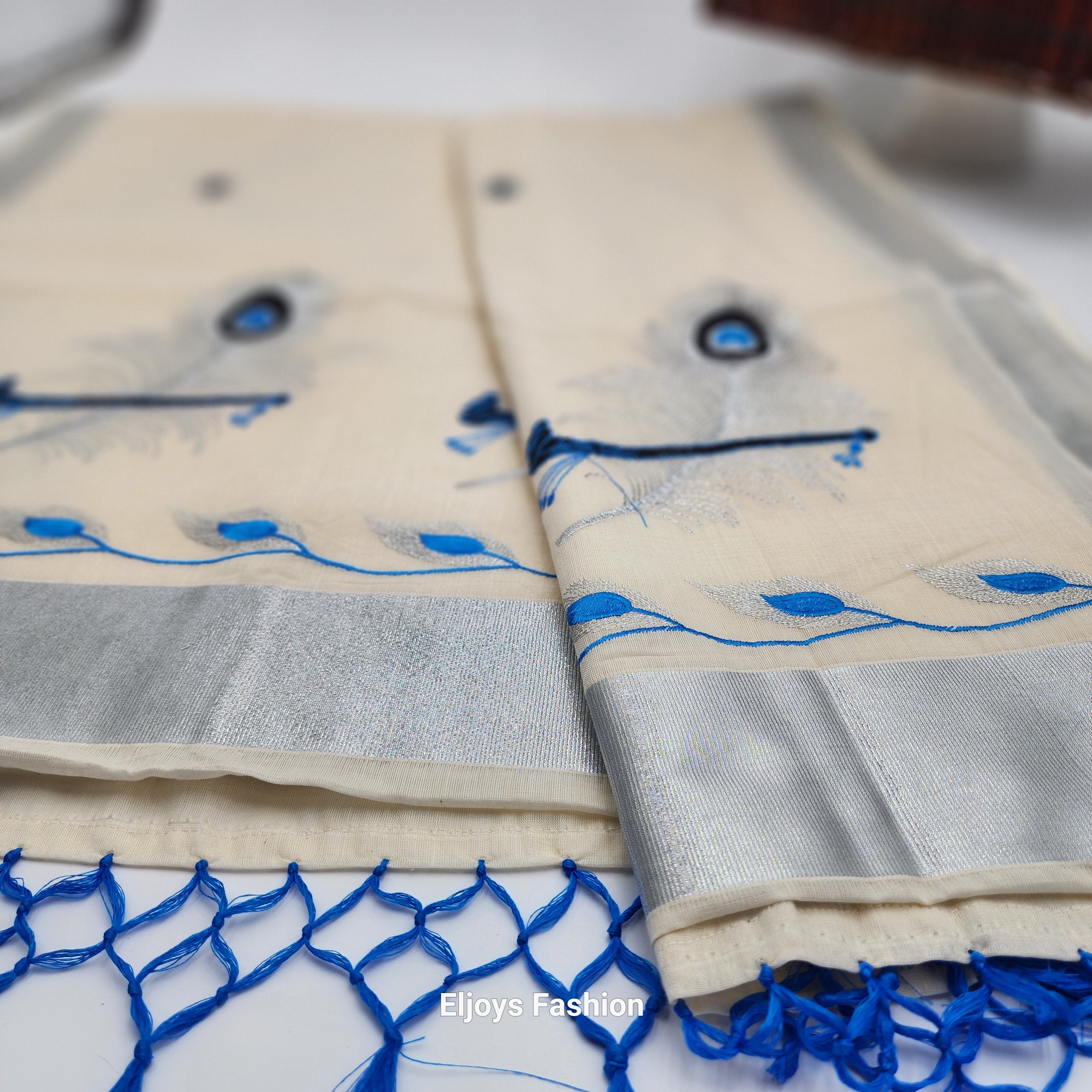 Tissue silk saree Silver and blue coverts design with blue silver floral borders Eljoys Fashion
