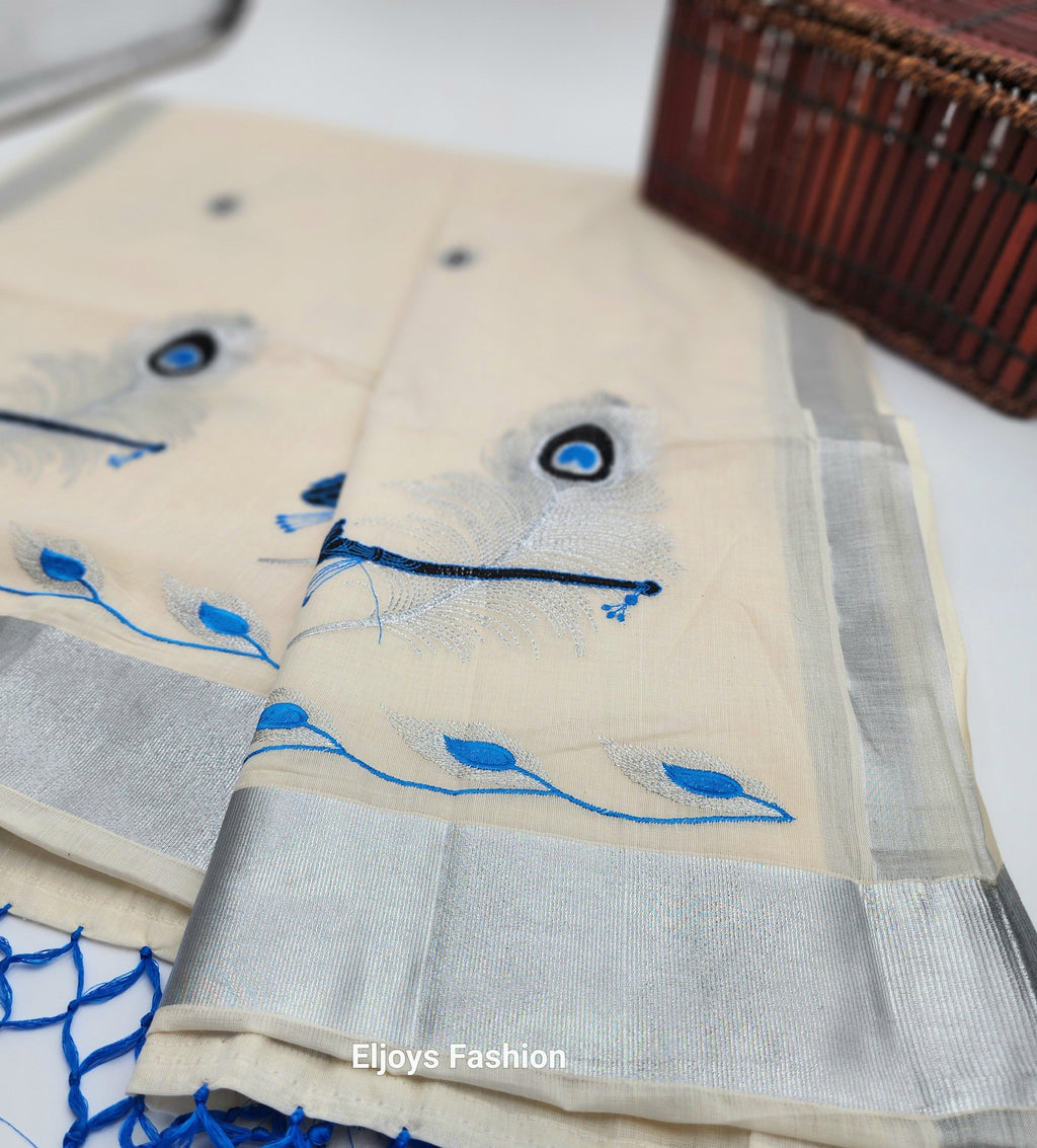 Tissue silk saree Silver and blue coverts design with blue silver floral borders Eljoys Fashion