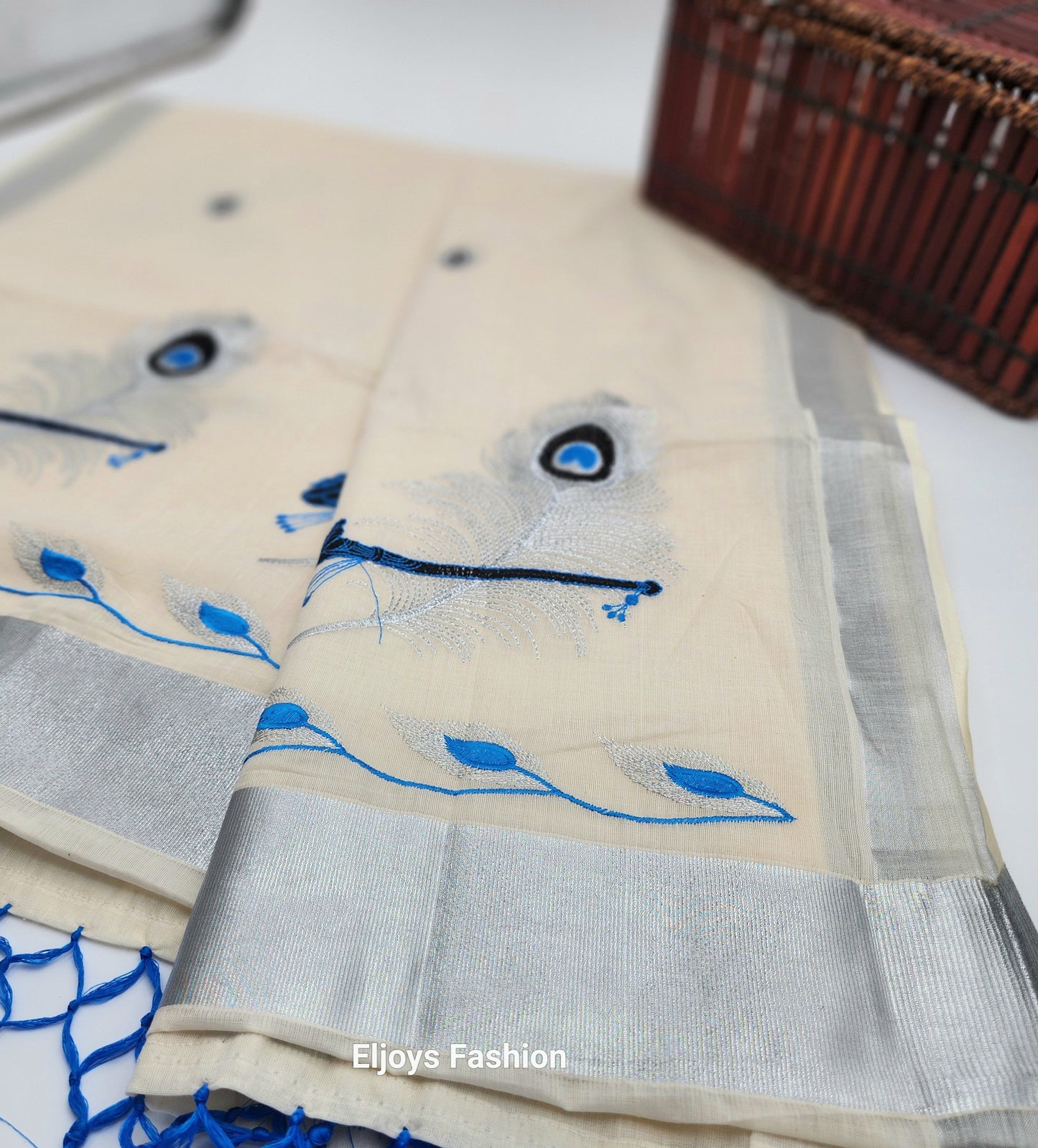 Tissue silk saree Silver and blue  coverts design with blue silver floral borders