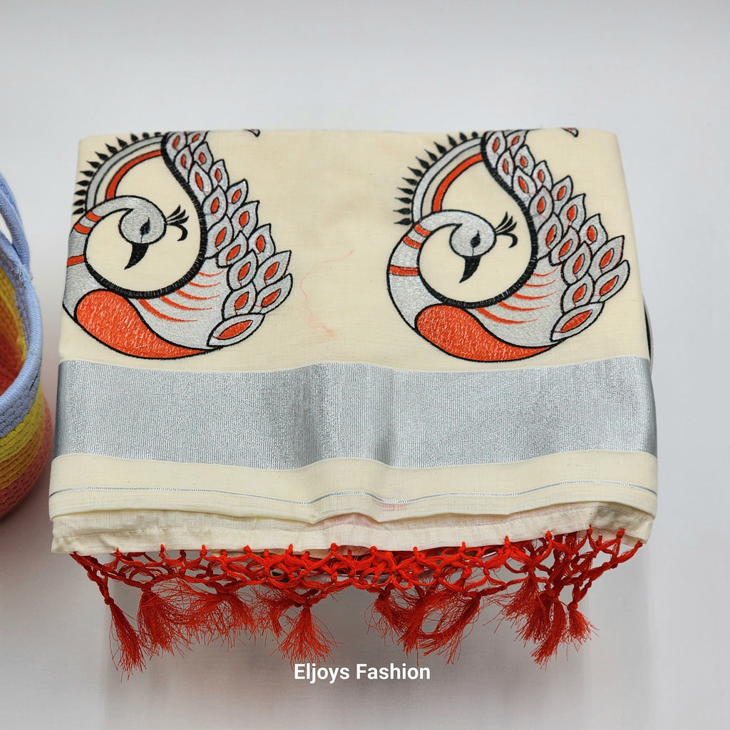 Tissue Silk Saree Peacock design red black and silver Combo Eljoys Fashion