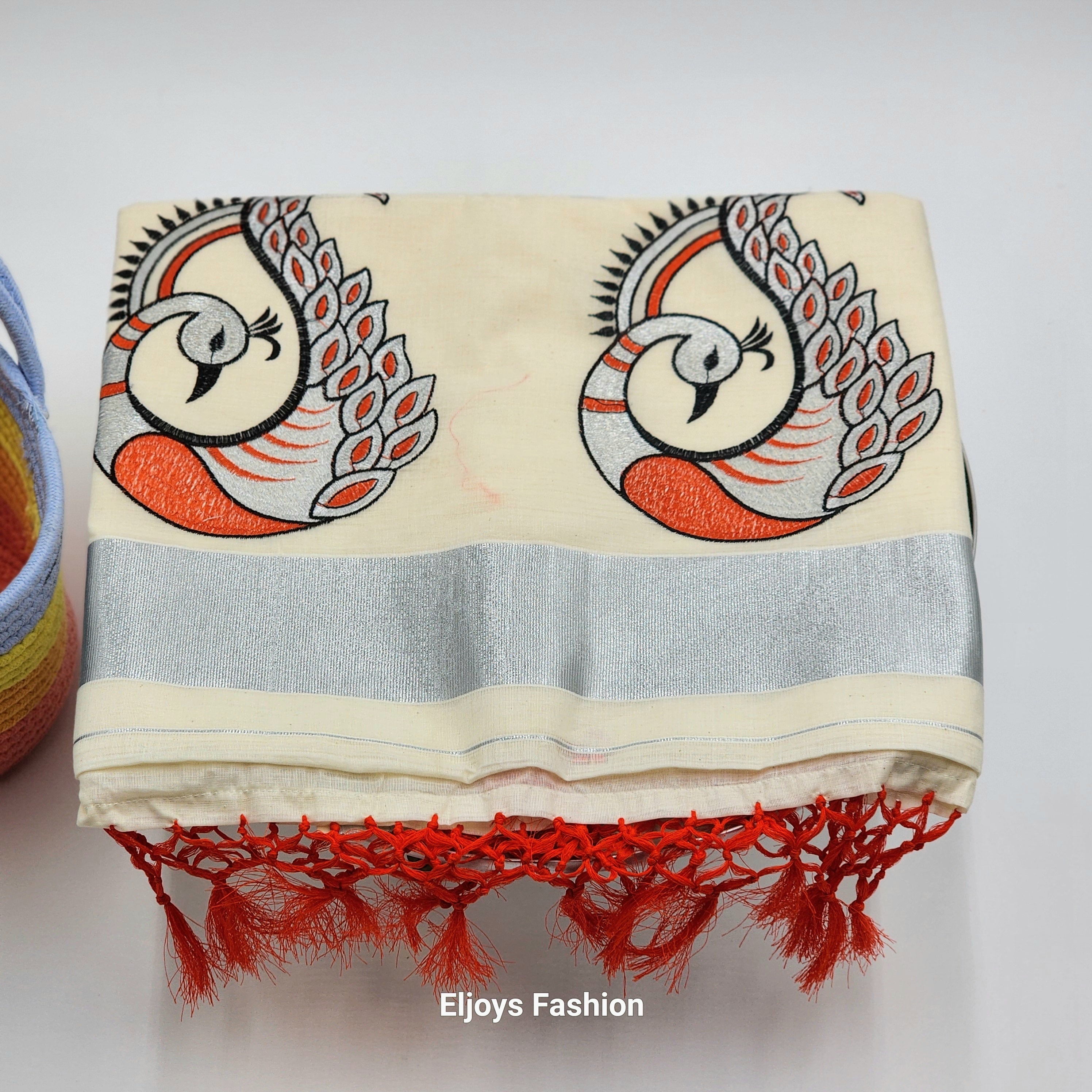 Tissue Silk Saree Peacock design red black and silver Combo Eljoys Fashion