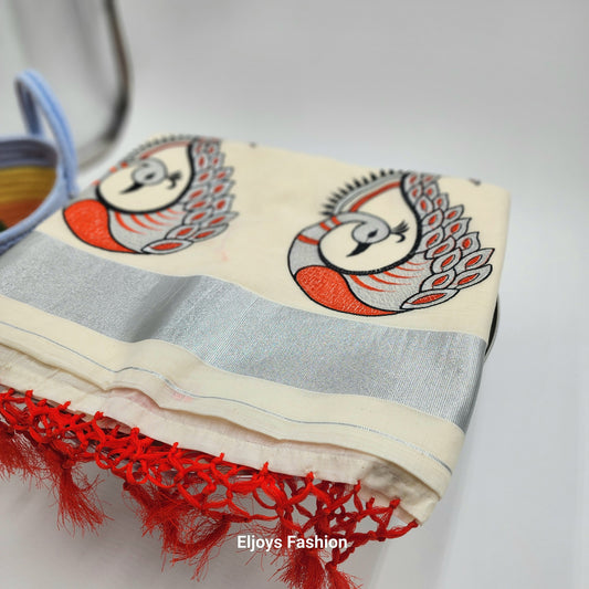 Tissue Silk Saree Peacock design red black and silver Combo Eljoys Fashion