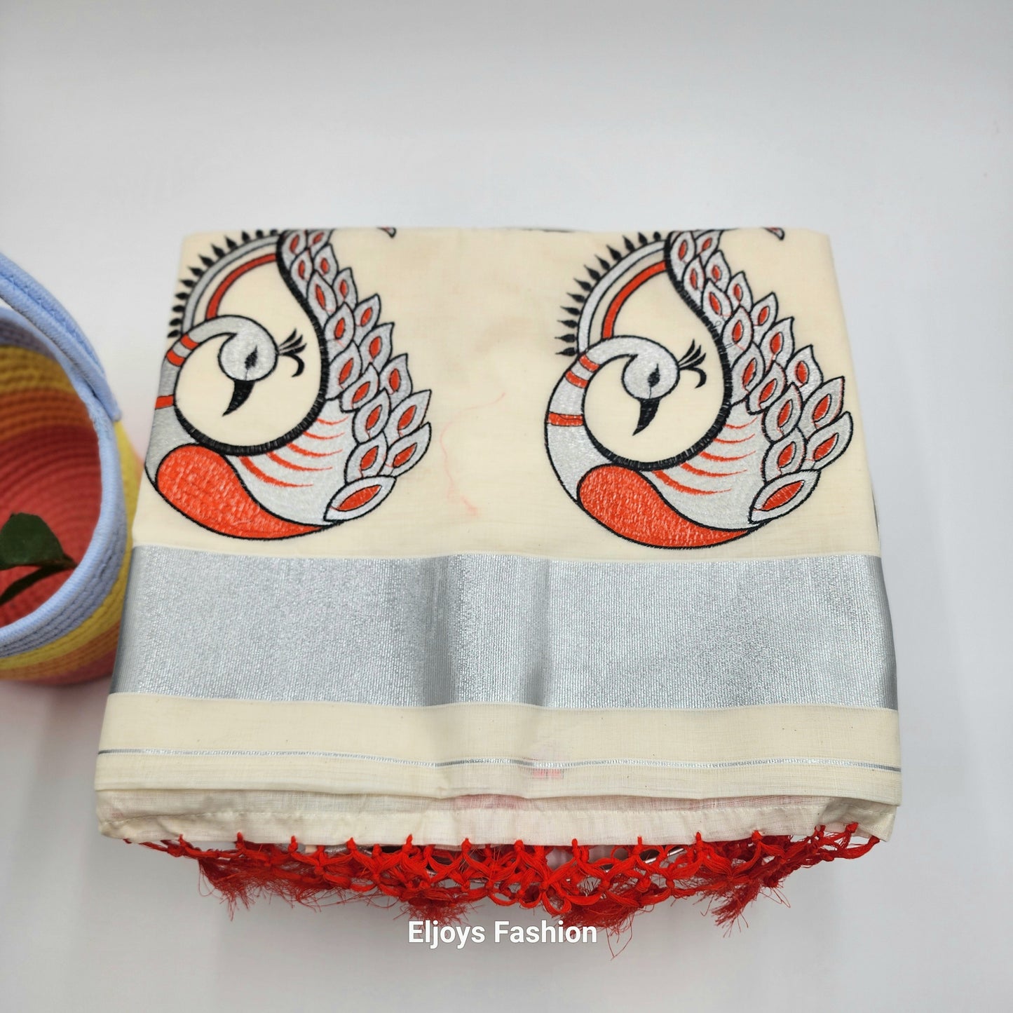 Tissue Silk Saree Peacock design red black and silver Combo