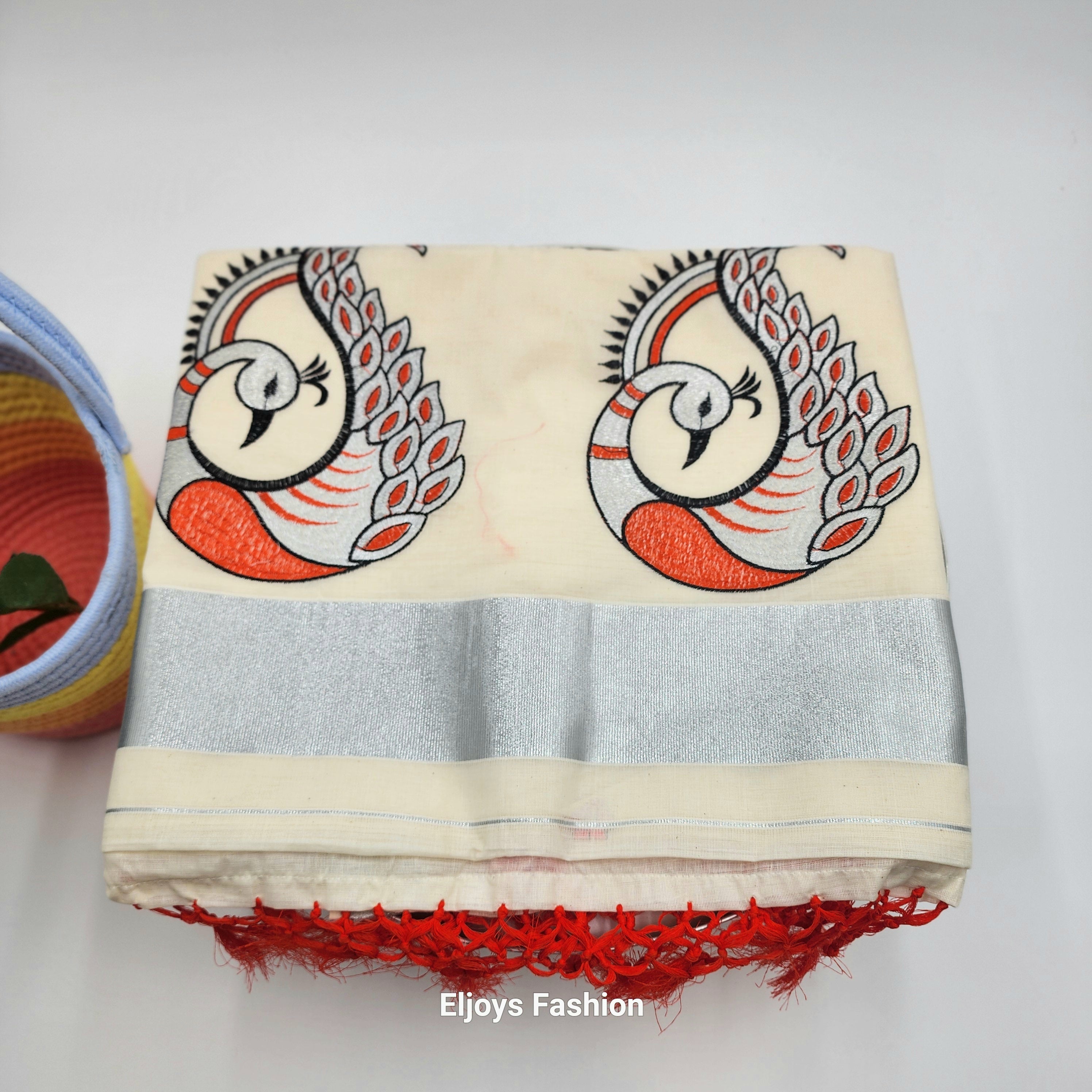 Tissue Silk Saree Peacock design red black and silver Combo Eljoys Fashion