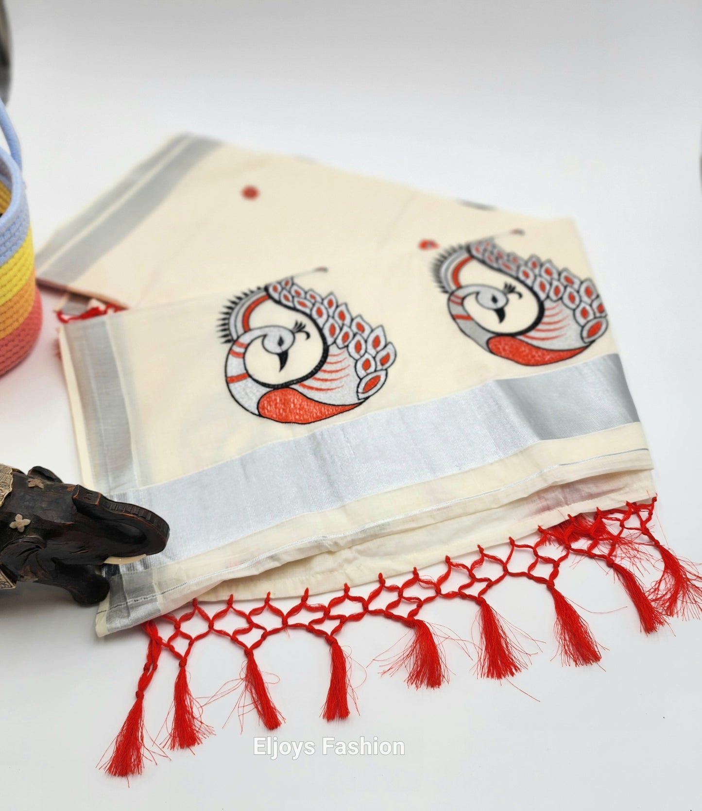 Tissue Silk Saree Peacock design red black and silver Combo