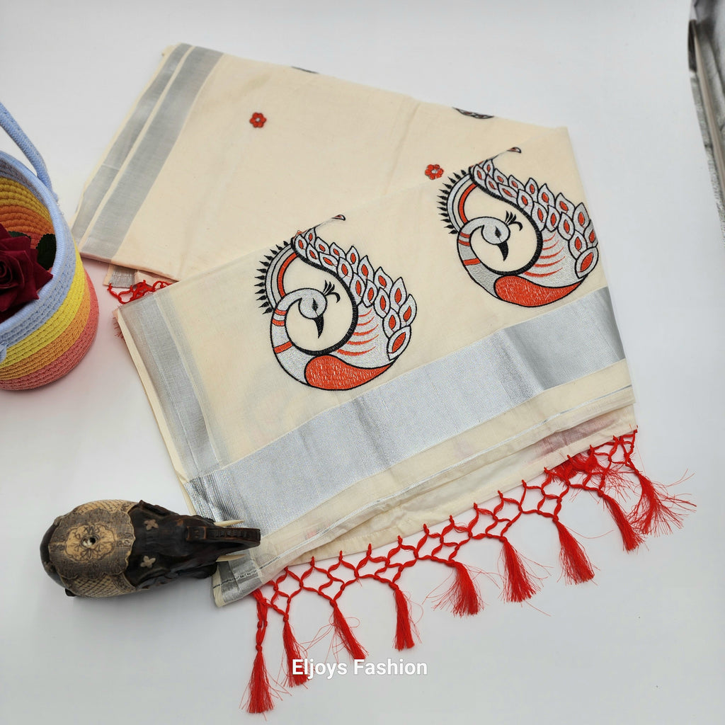 Tissue Silk Saree Peacock design red black and silver Combo Eljoys Fashion
