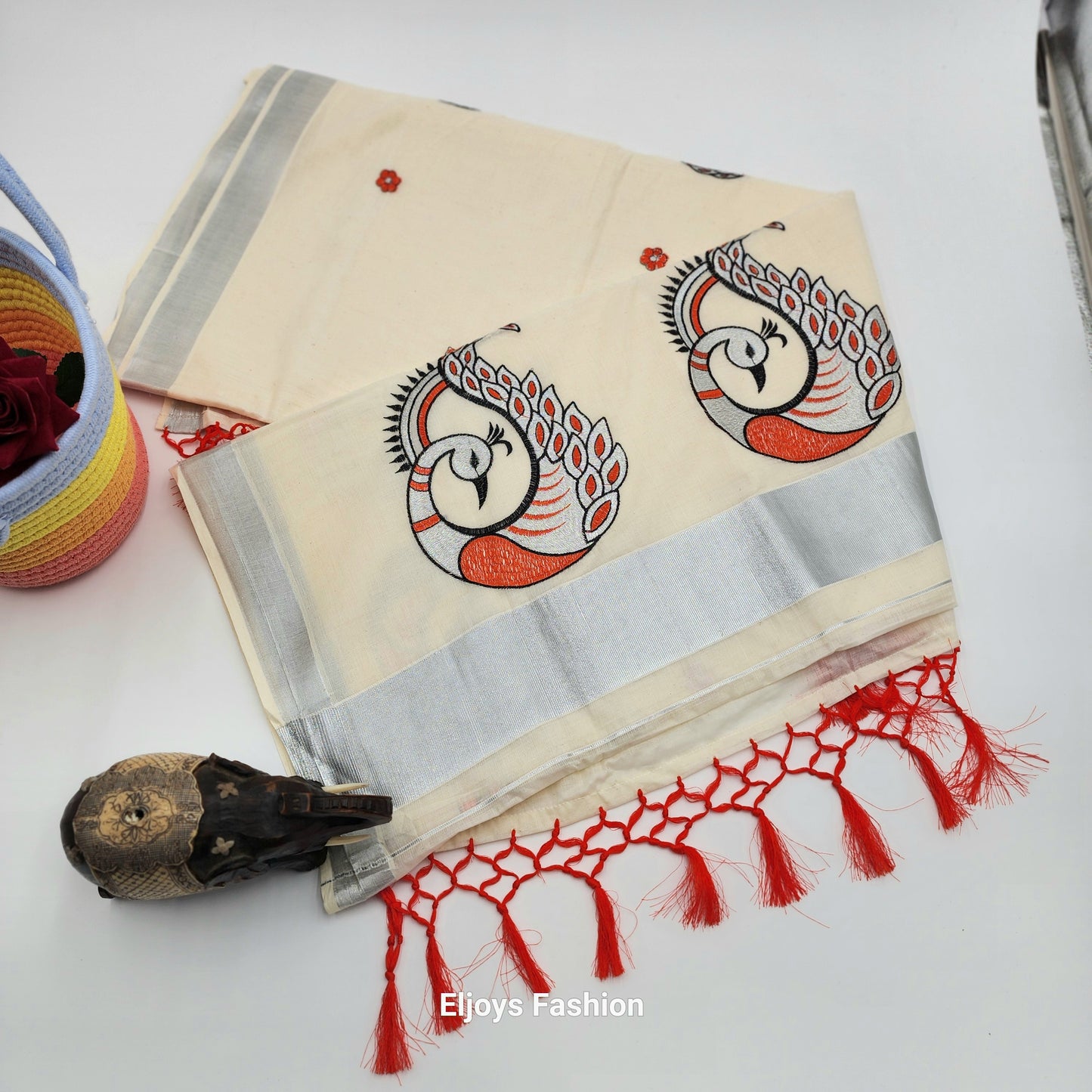 Tissue Silk Saree Peacock design red black and silver Combo