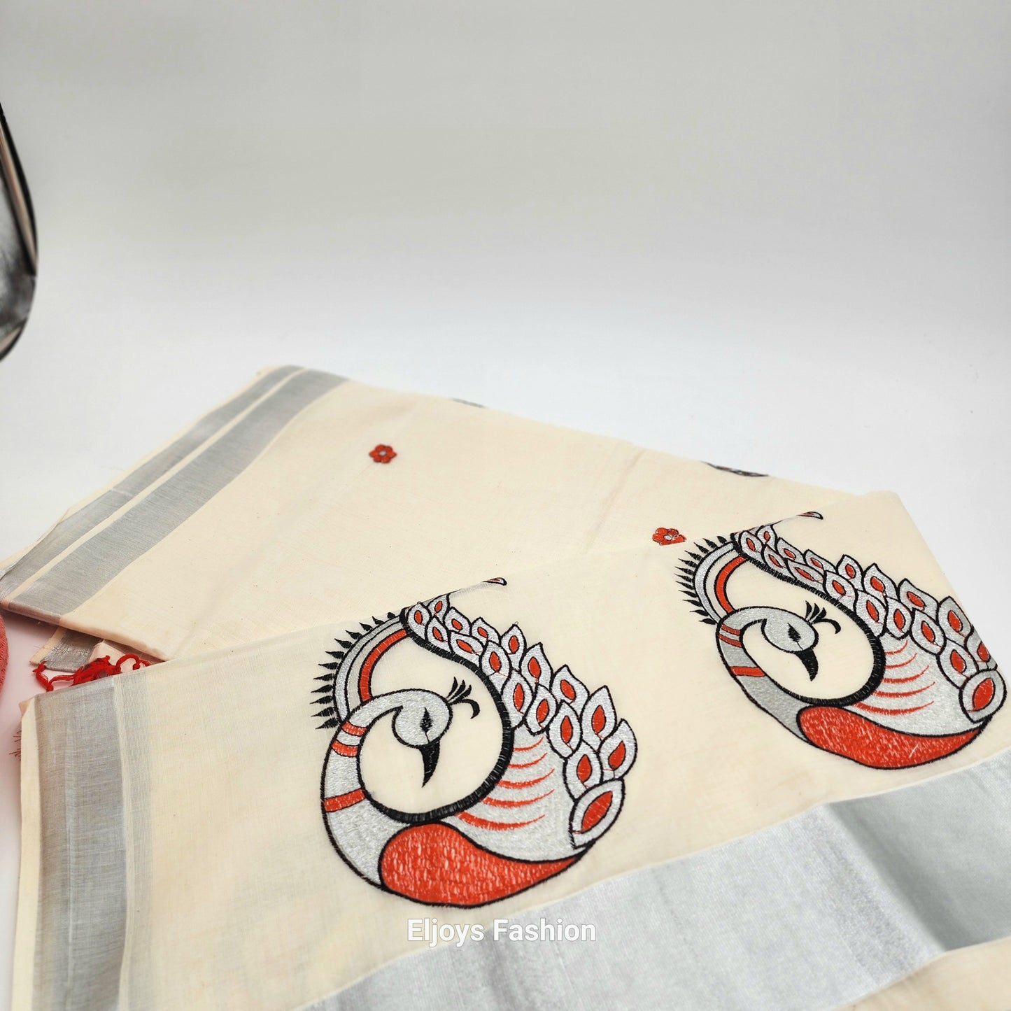 Tissue Silk Saree Peacock design red black and silver Combo