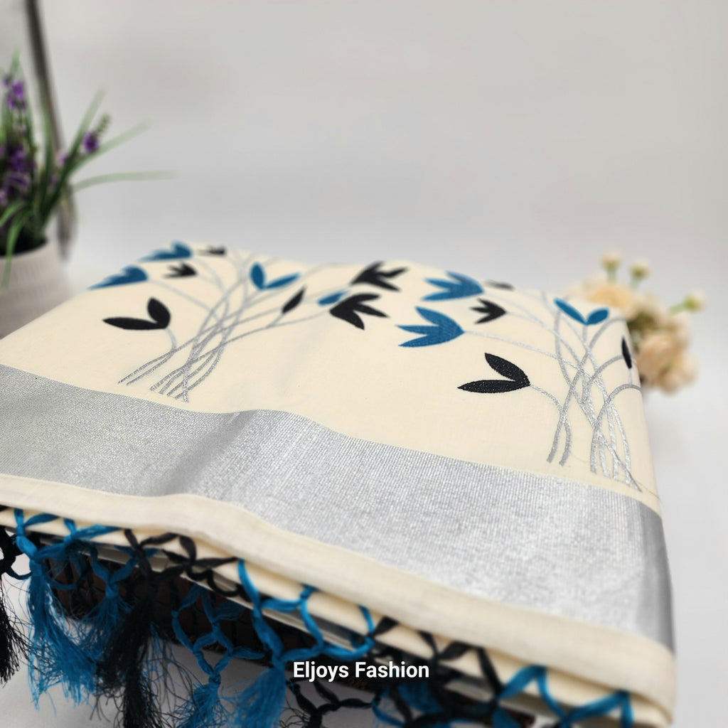 Tissue Silk Saree featuring Silver, Blue and Black floral design with Silver border. Eljoys Fashion
