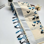 Tissue Silk Saree featuring Silver, Blue and Black floral design with Silver border. Eljoys Fashion