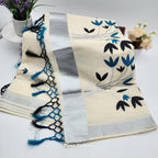 Tissue Silk Saree featuring Silver, Blue and Black floral design with Silver border. Eljoys Fashion