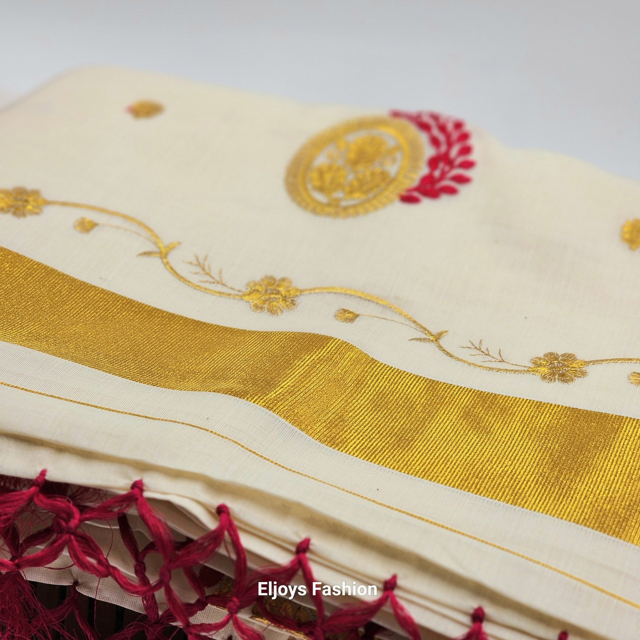 Tissue Silk Saree in Royal gold and red Floral design with Royal gold border Eljoys Fashion