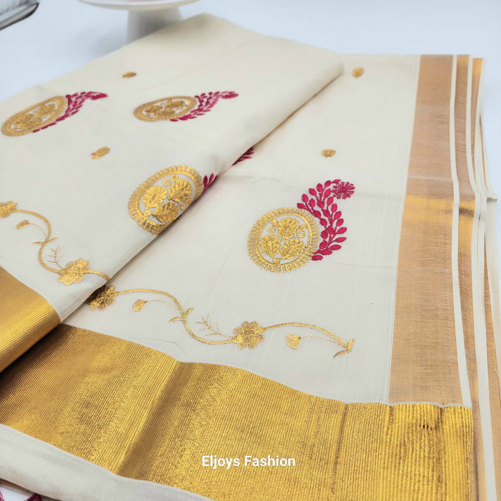 Tissue Silk Saree in Royal gold and red Floral design with Royal gold border Eljoys Fashion