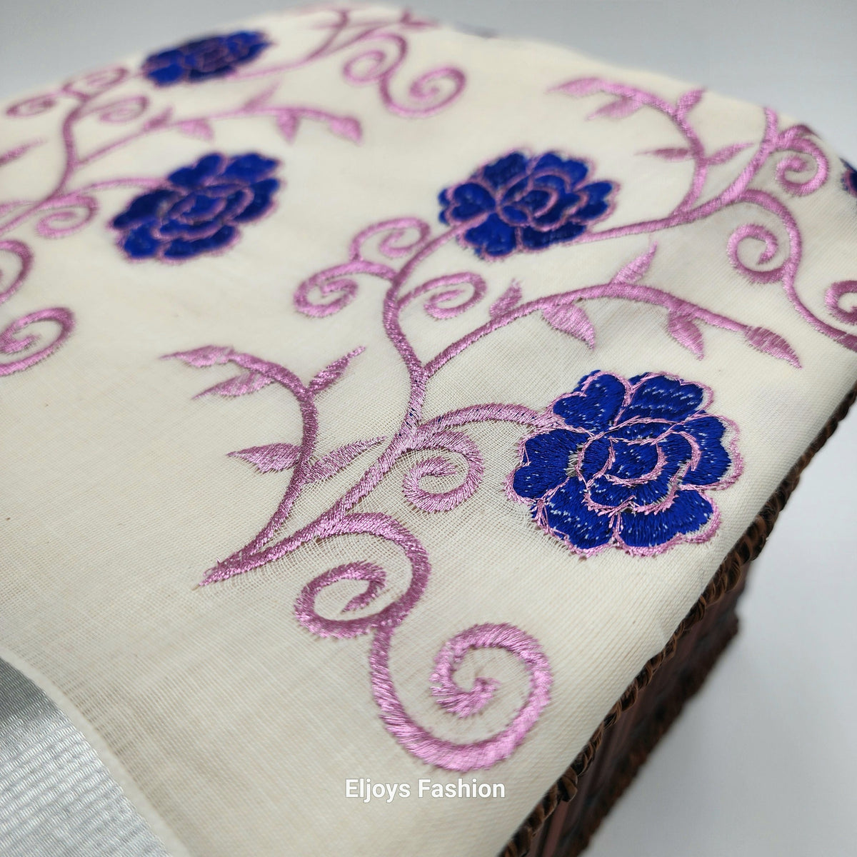 Tissue silk Saree in floral design violet and pink combination with silver lining Eljoys Fashion