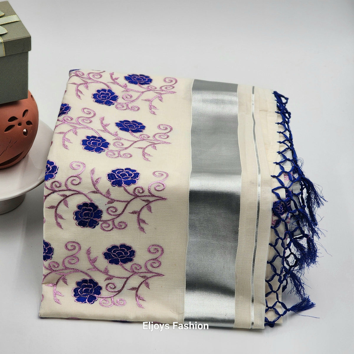Tissue silk Saree in floral design violet and pink combination with silver lining Eljoys Fashion