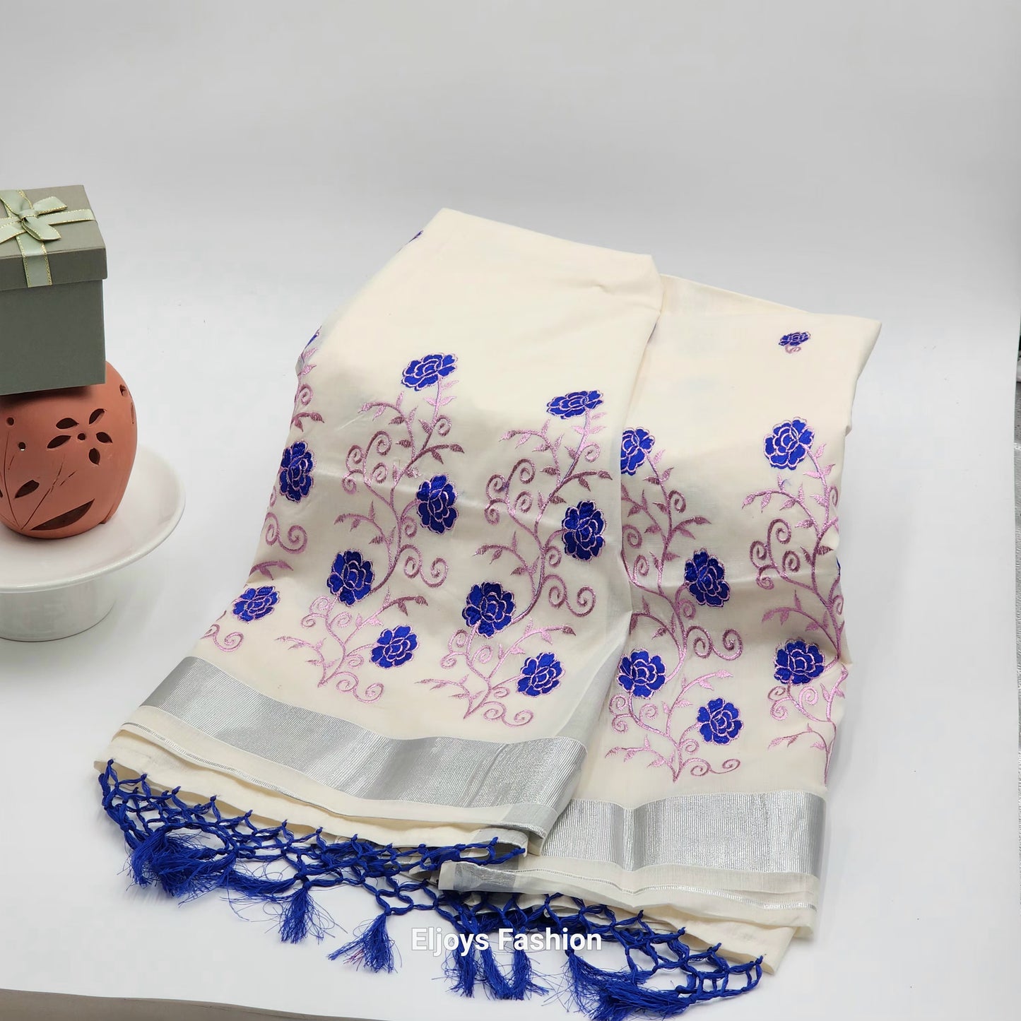 Tissue silk Saree in floral design violet and pink combination with silver lining
