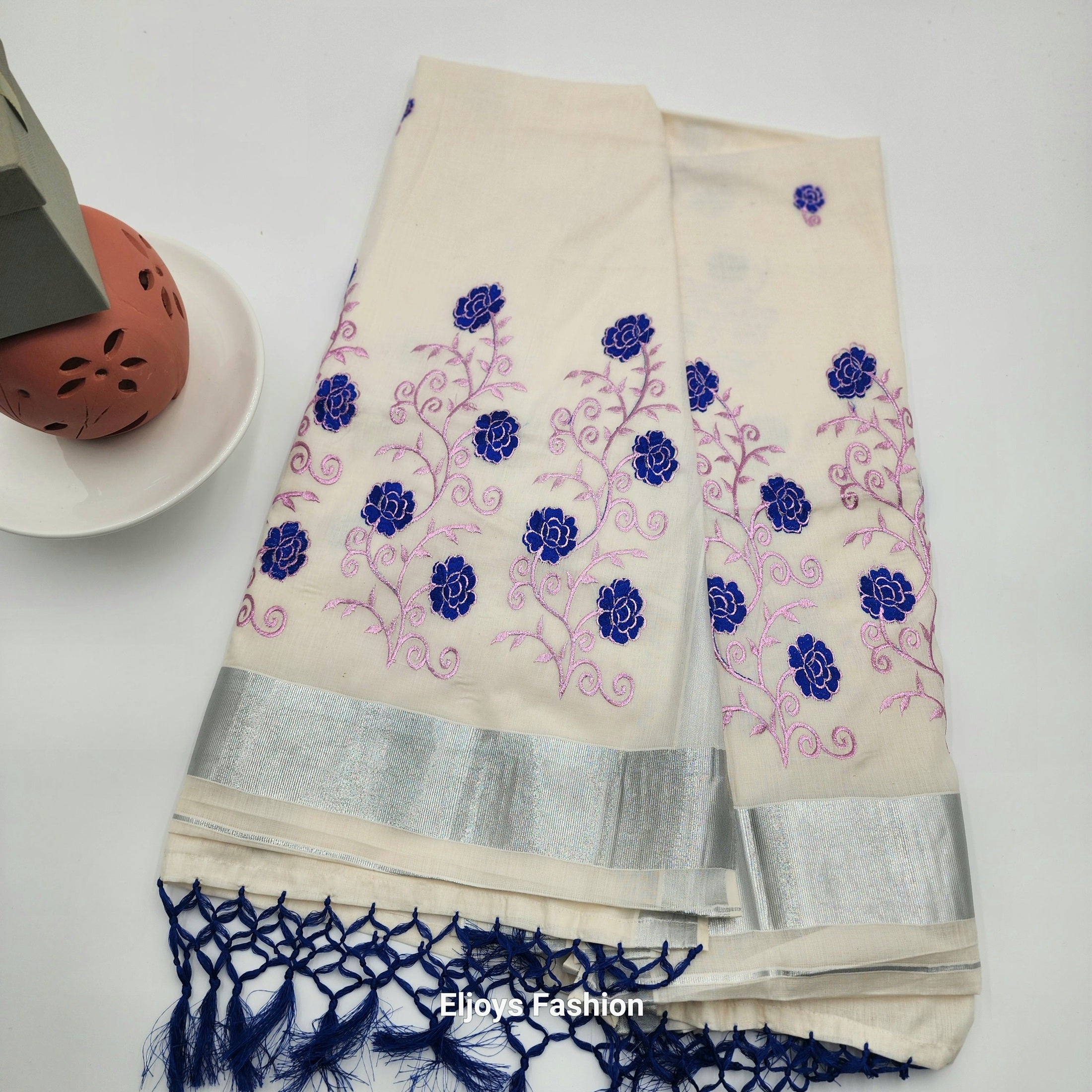 Tissue silk Saree in floral design violet and pink combination with silver lining Eljoys Fashion