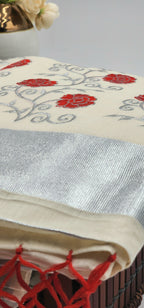 Tissue silk Saree in floral design Red with Silver lining Eljoys Fashion