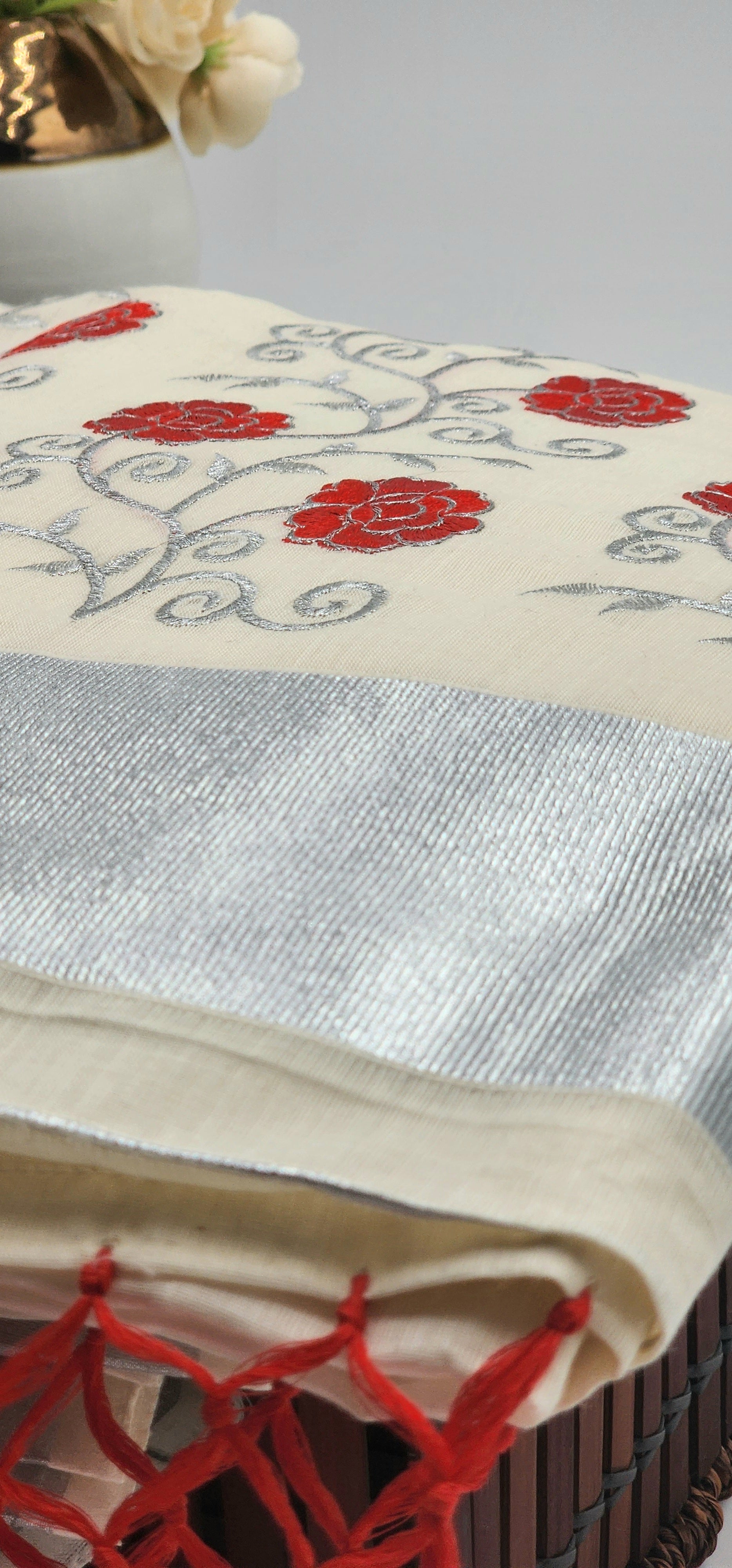 Tissue silk Saree in floral design Red with Silver lining Eljoys Fashion