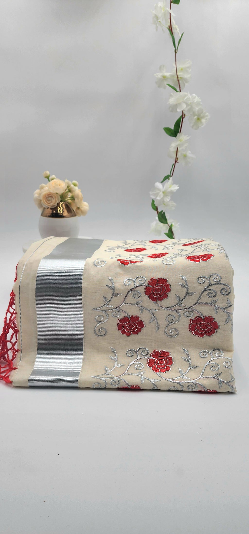 Tissue silk Saree in floral design Red with Silver lining Eljoys Fashion