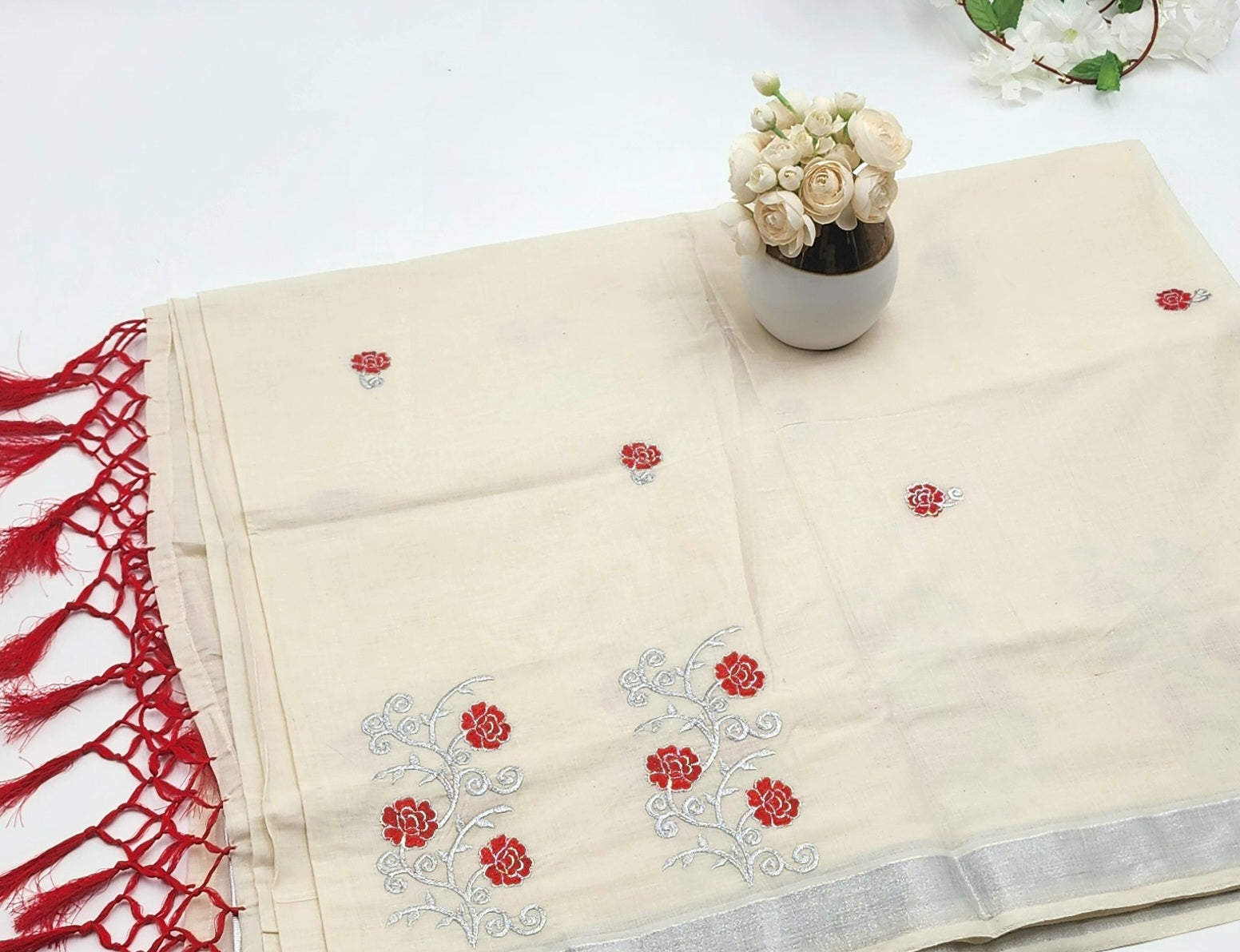 Tissue silk Saree in floral design Red with Silver lining Eljoys Fashion