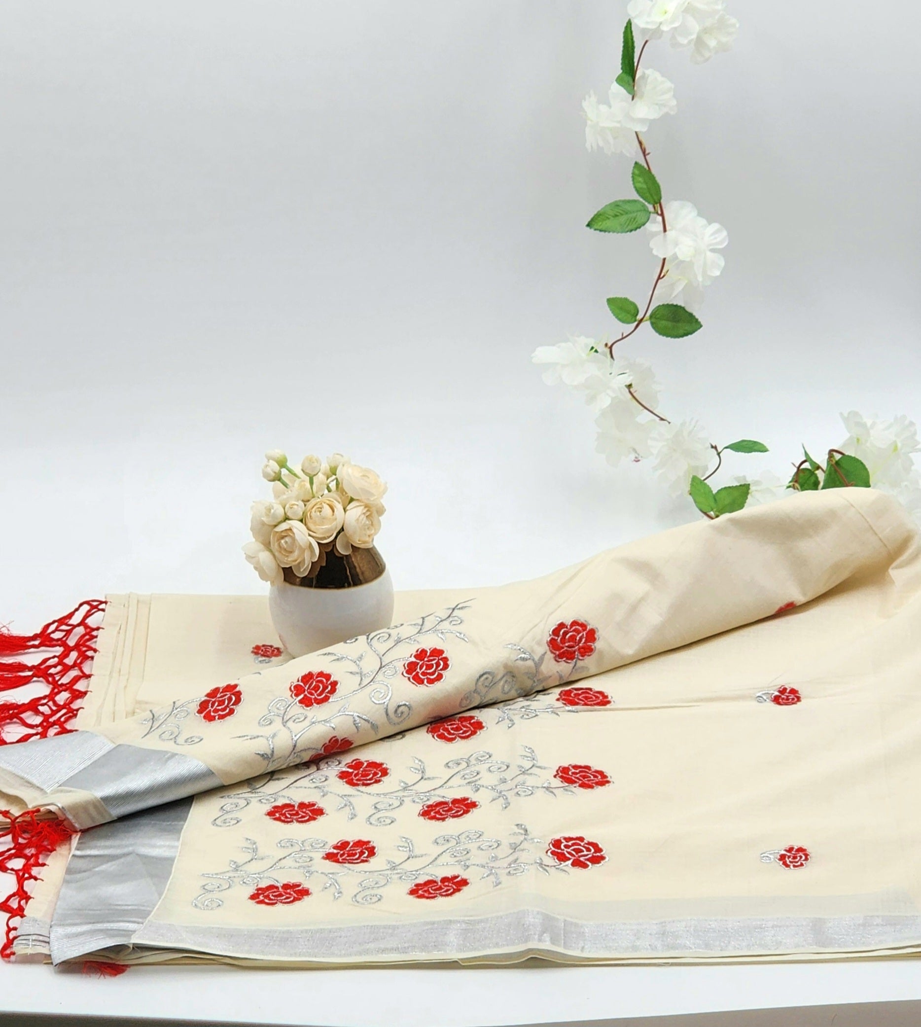 Tissue silk Saree in floral design Red with Silver lining Eljoys Fashion