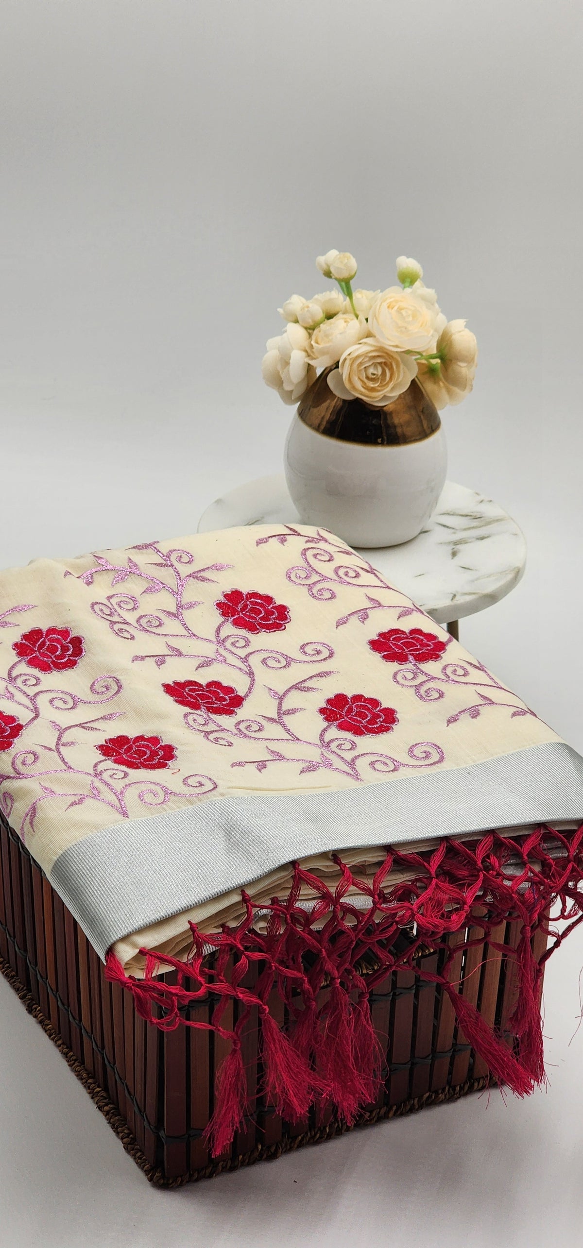 Tissue silk Saree in floral design violet and lavender hue with Silver lining Eljoys Fashion