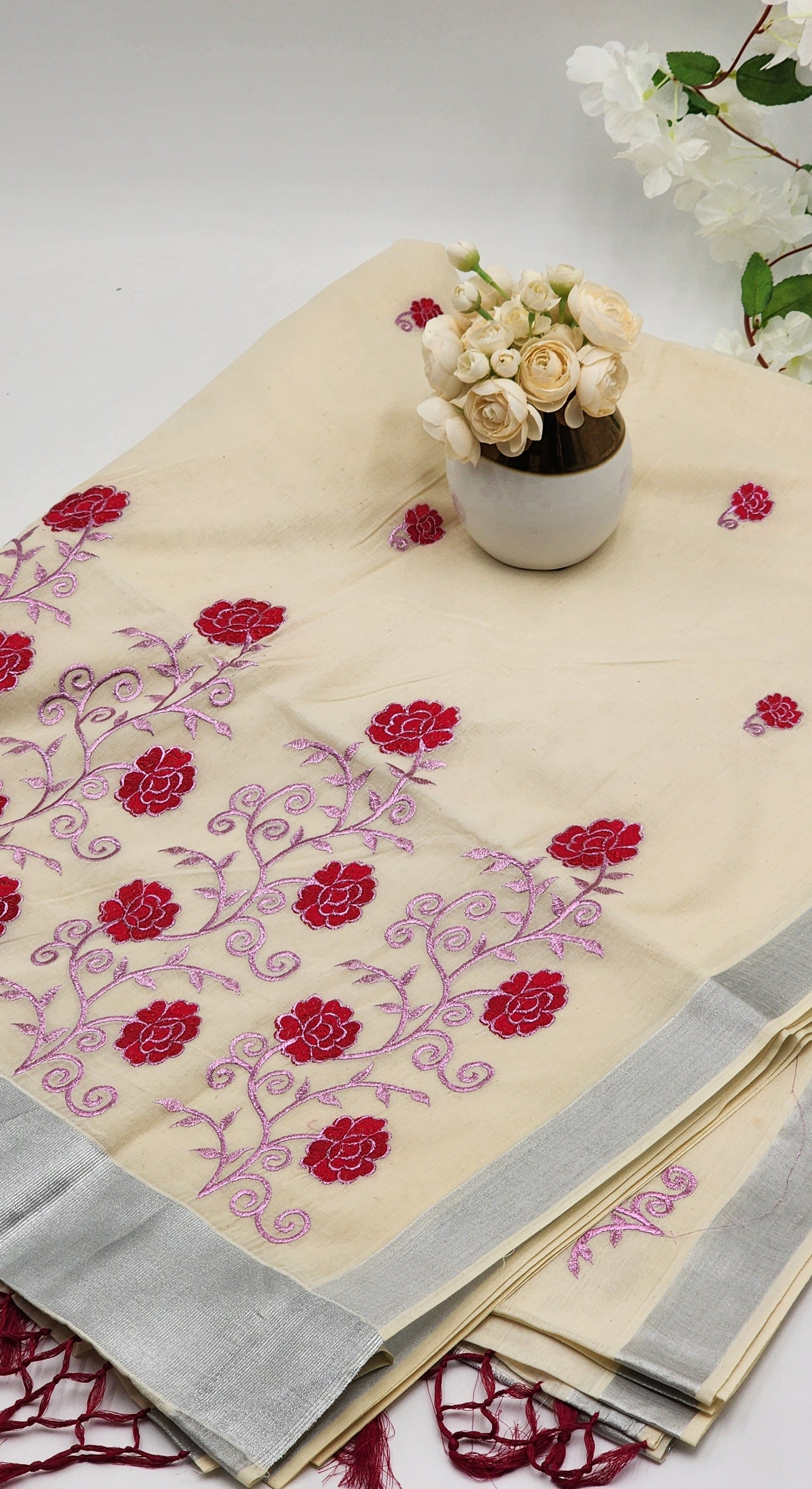 Tissue silk Saree in floral design violet and lavender hue with Silver lining Eljoys Fashion