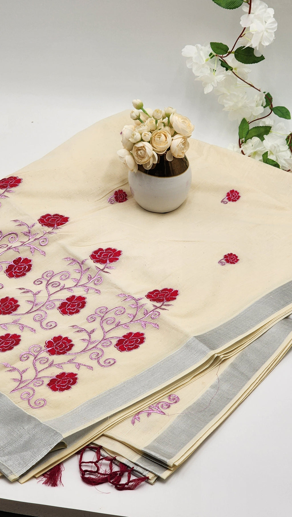 Tissue silk Saree in floral design violet and lavender hue with Silver lining Eljoys Fashion