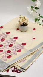 Tissue silk Saree in floral design violet and lavender hue with Silver lining Eljoys Fashion