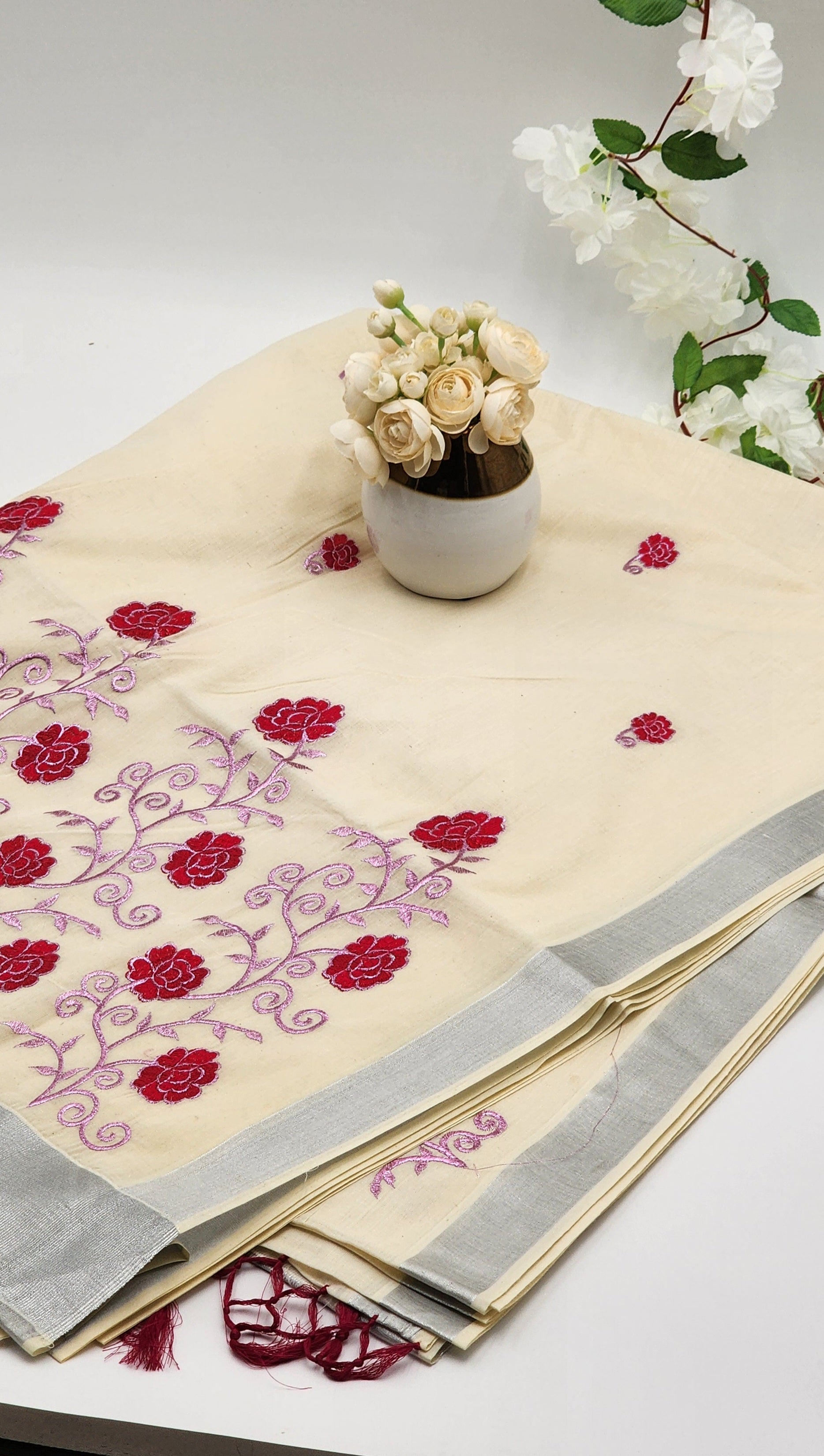 Tissue silk Saree in floral design violet and lavender hue with Silver lining Eljoys Fashion