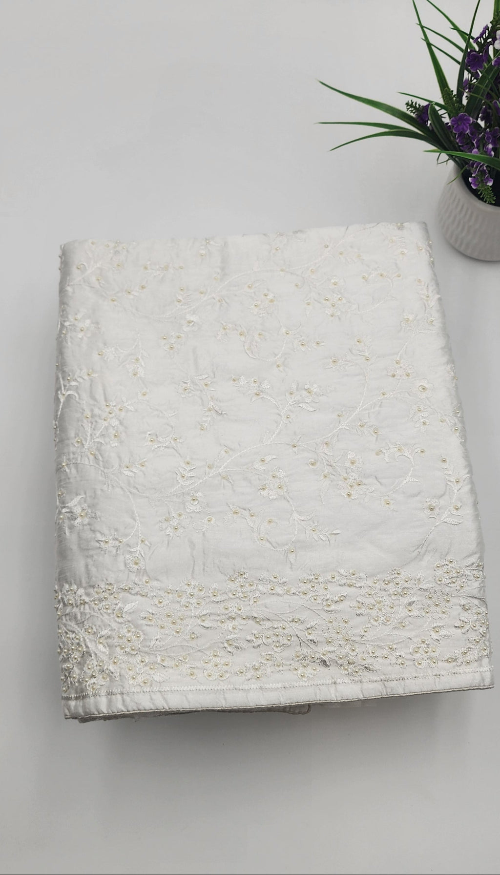 Satin white Saree with bead works 1106