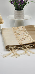 Linen Saree with cut work in Beige and chocolate border combo Eljoys Fashion