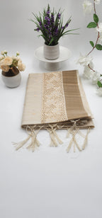 Linen Saree with cut work in Beige and chocolate border combo Eljoys Fashion